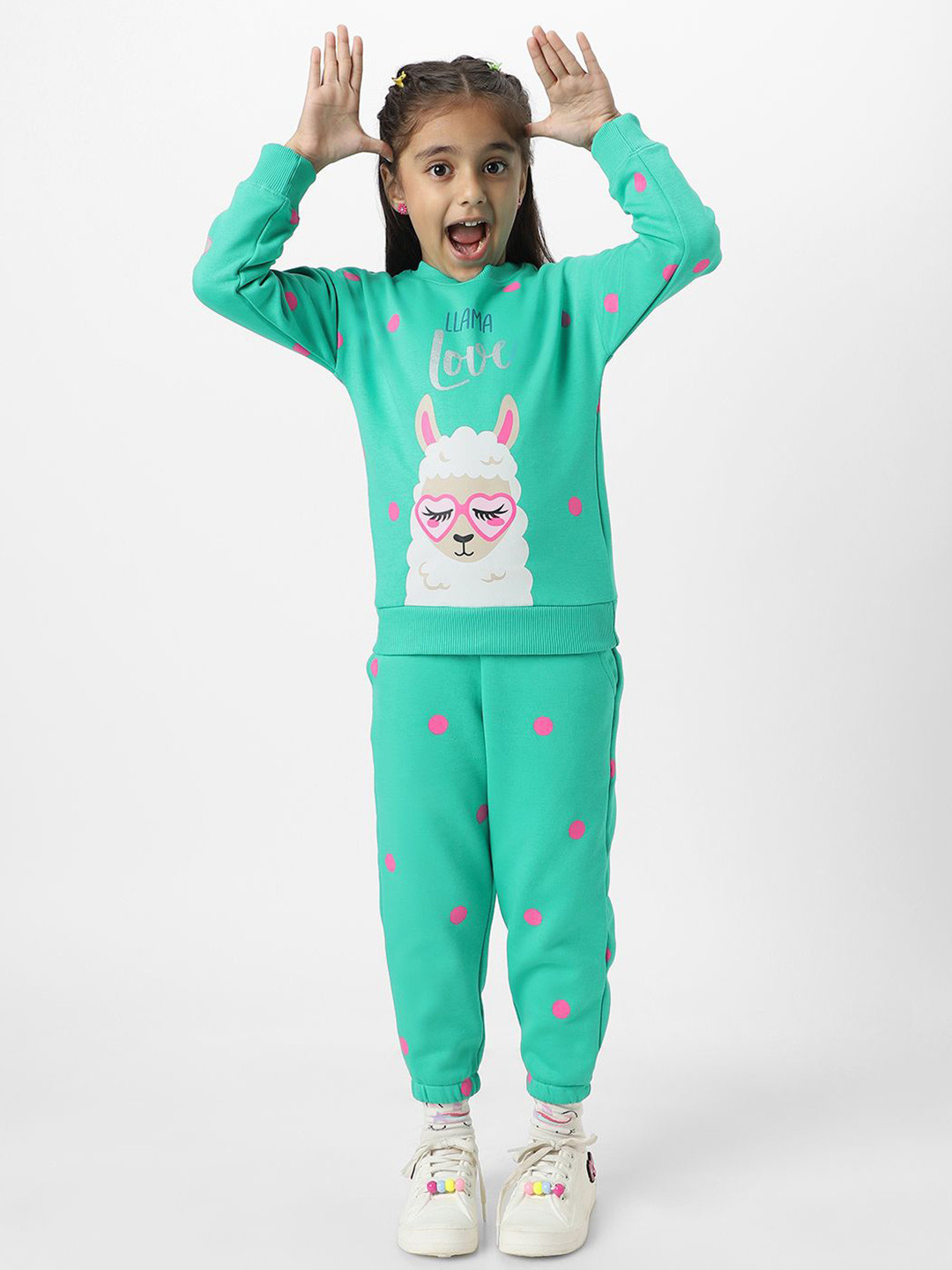 Nautinati Girls' Fleece Combo Set of Graphic Print Sweatshirt and Dot Print Joggers