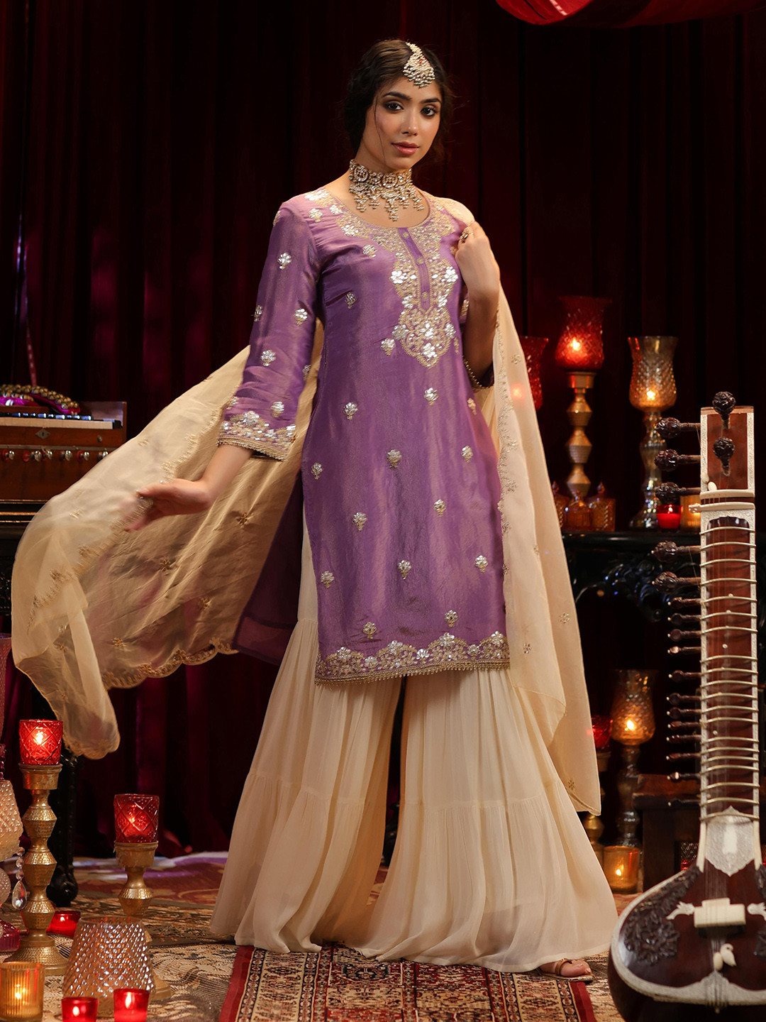SCAKHI Floral Embroidered Shimmer Organza Straight Kurta with Sharara & Dupatta