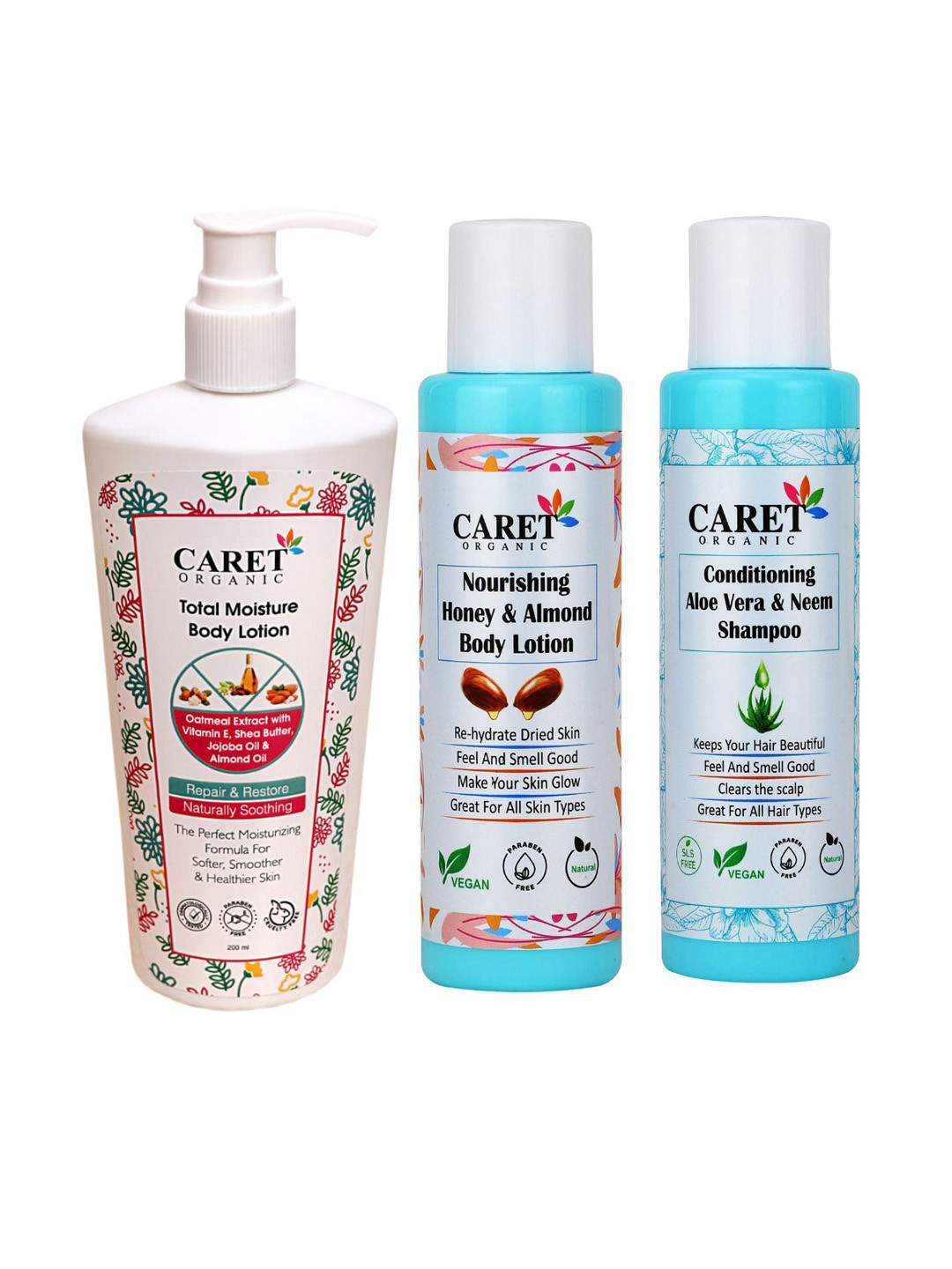 CARET ORGANIC Set Of 3 Body Lotion- 250 ml- Body Lotion- 100 ml & Neem Shampoo- 100 ml