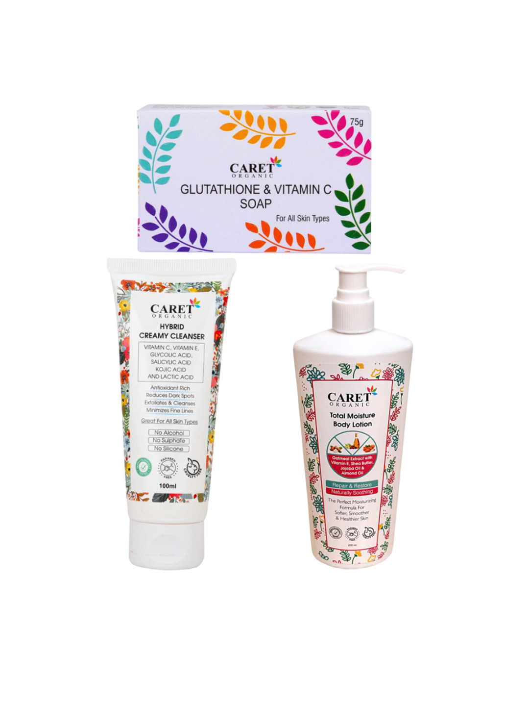 CARET ORGANIC Set Of 3 Glutathione Soap With Hybrid Cleanser & Total Moisture Body Lotion