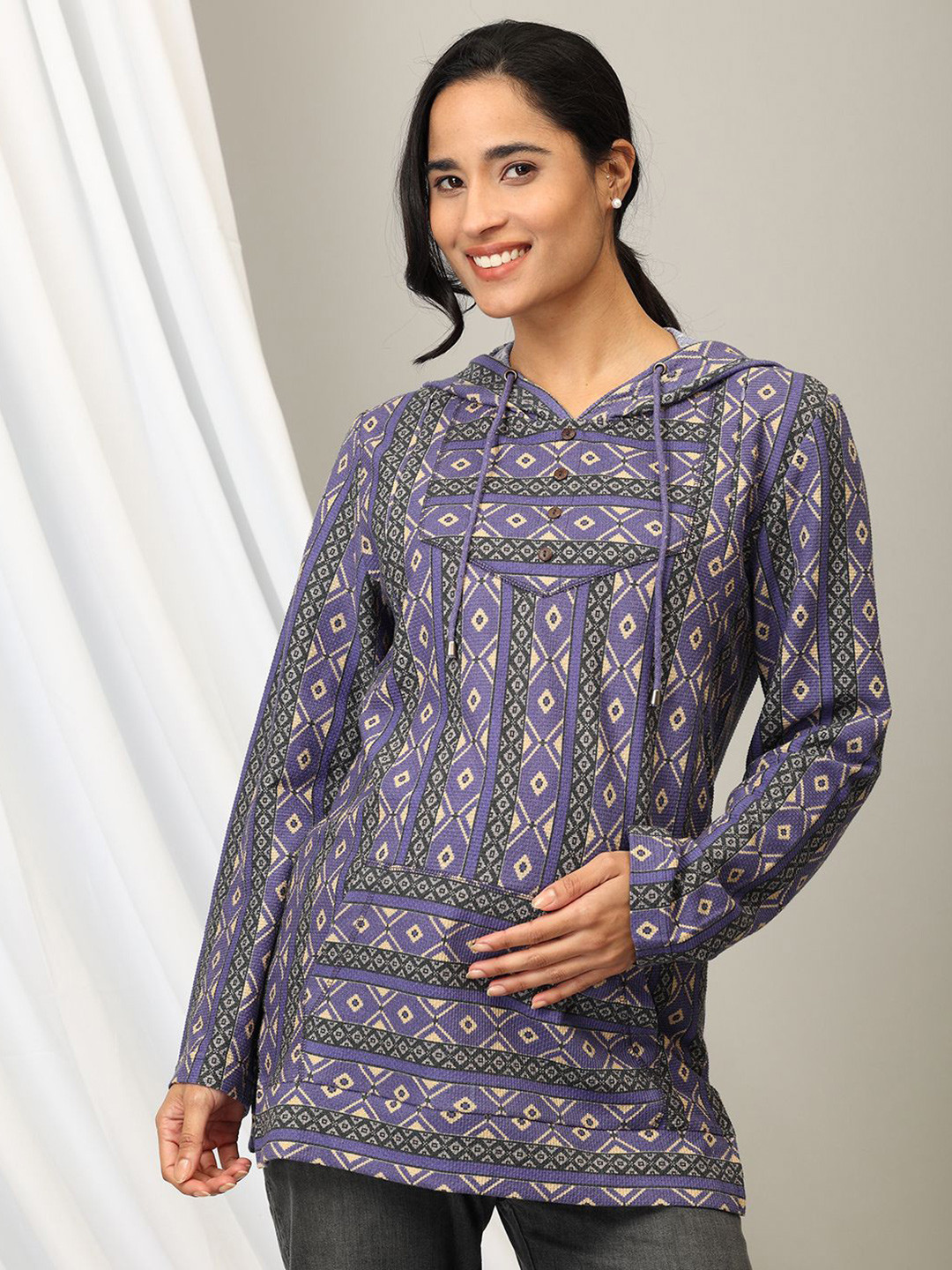 The Mom Store Women Printed Maternity Hooded Long Sleeves Pullover Sweatshirt