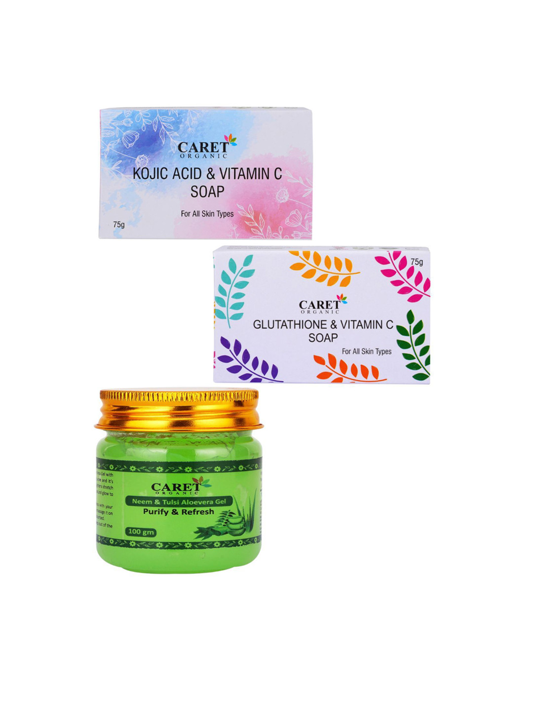 CARET ORGANIC Set Of 3 Kojic Acid Soap With Aloevera Gel & Glutathione Soap Combo