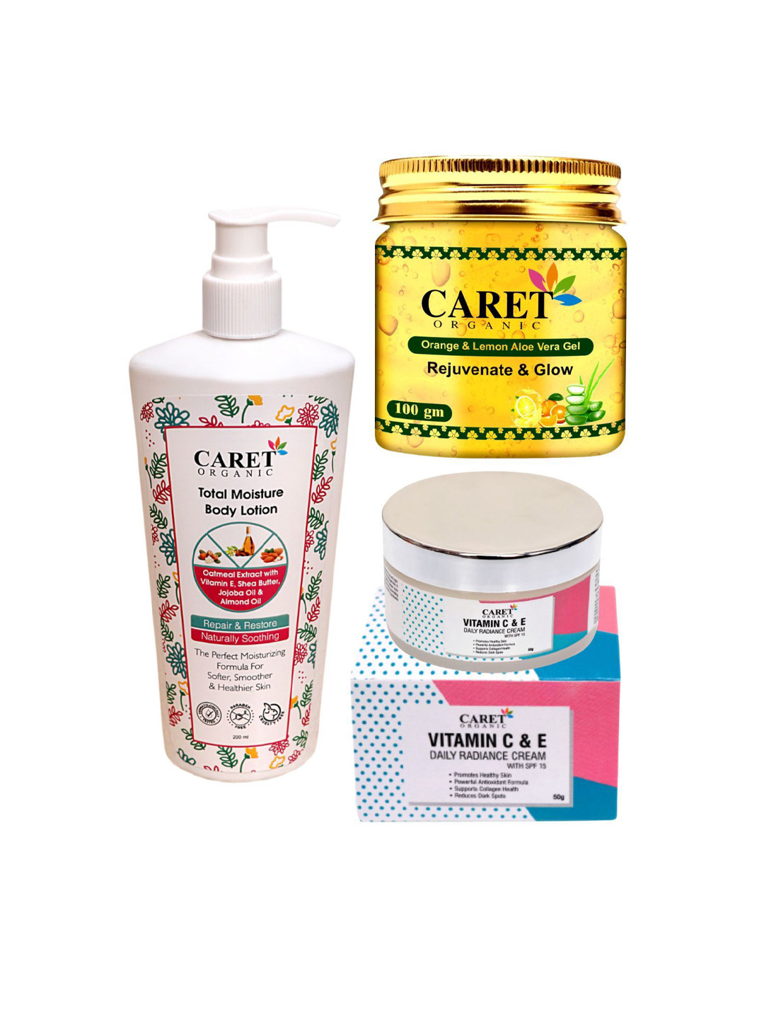 CARET ORGANIC Set Of 3 Total Moisture Body Lotion With Aloevera Gel & Daily Radiance Cream