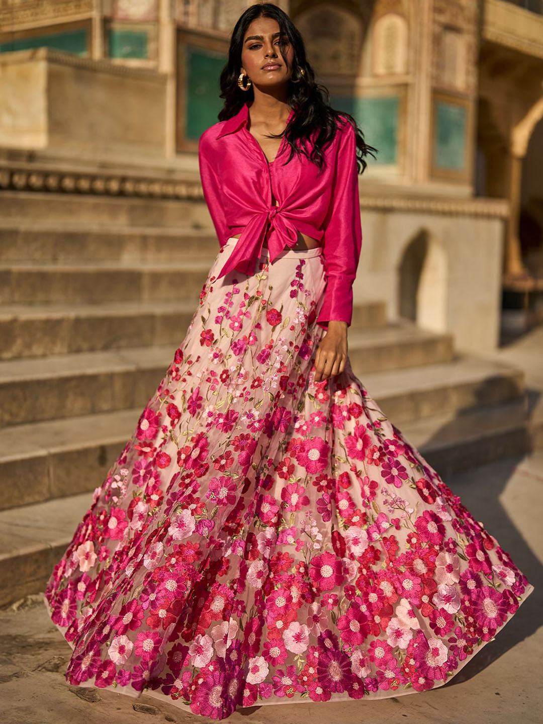 Dash and Dot 3D Floral Laced Crop Front Tie Top With Lace Skirt