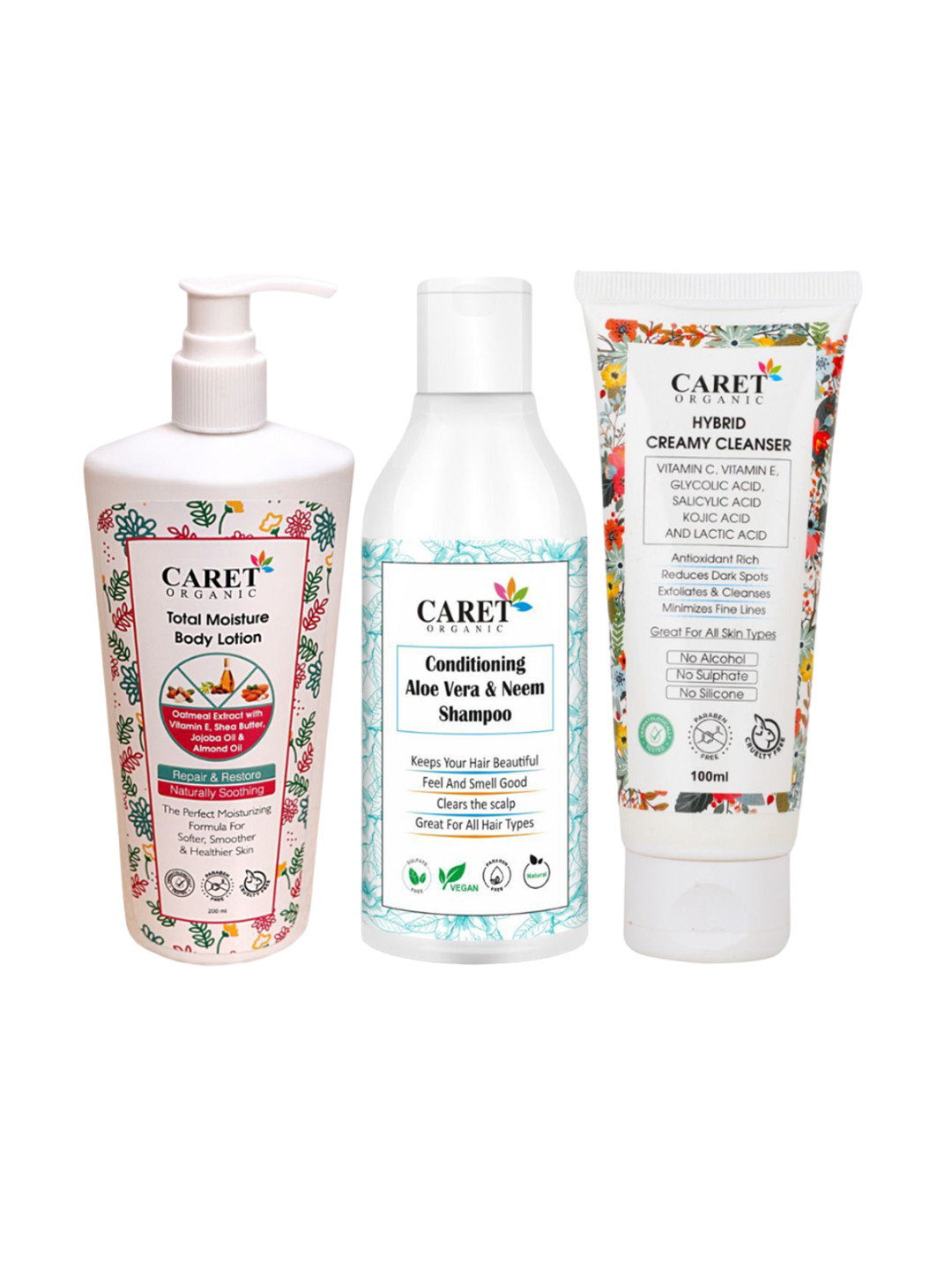 CARET ORGANIC Set Of 3 Body Lotion With Hybrid Cleanser Face Wash & Aloe vera Shampoo