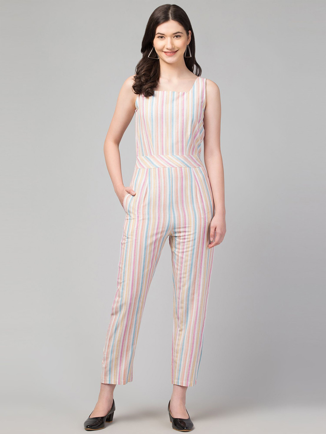 Zuvino Striped Cotton Square Neck Basic Jumpsuit