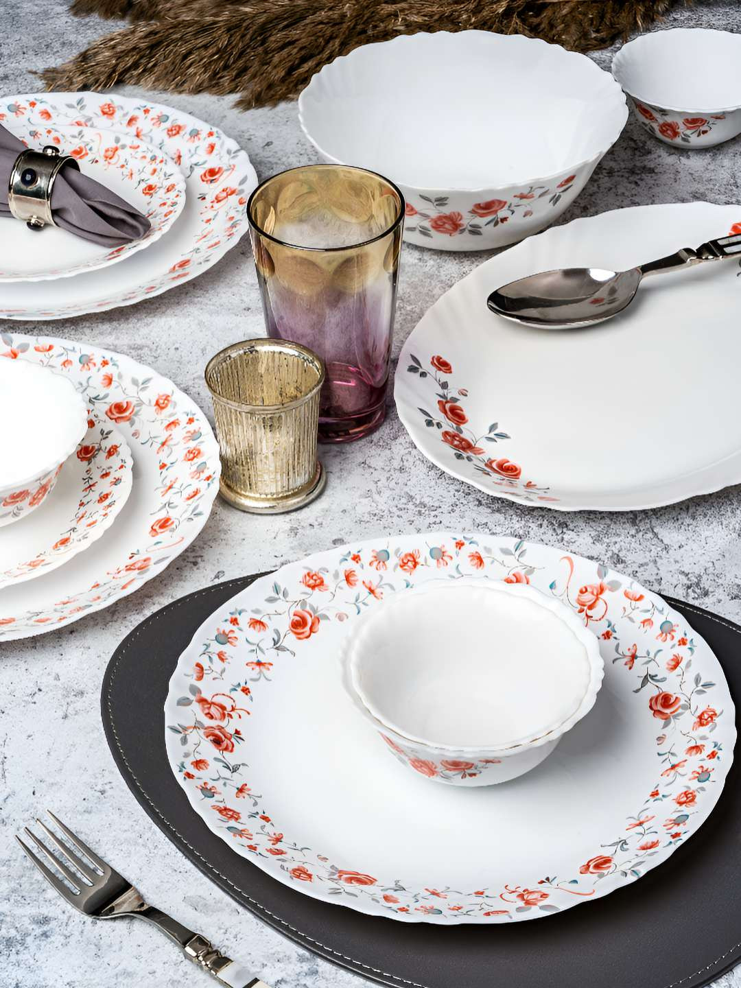Cello White Floral Opalware Microwave Safe 27 Piece Dinner Set