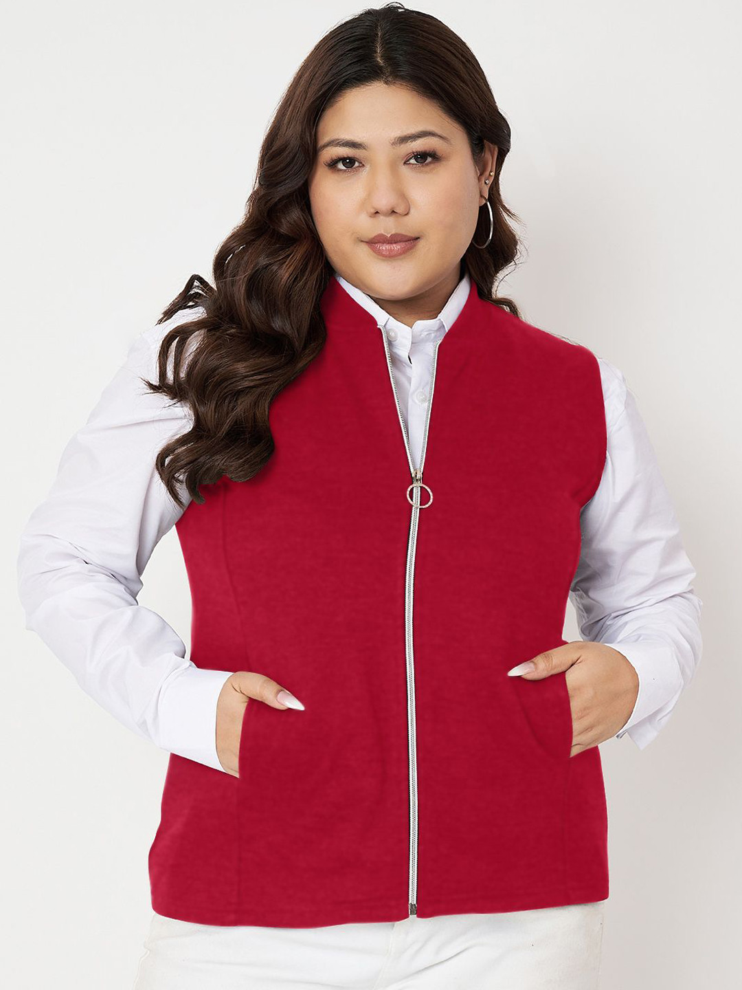 BRINNS Plus Size Mock Neck Zip Closure Fleece Tailored Jacket