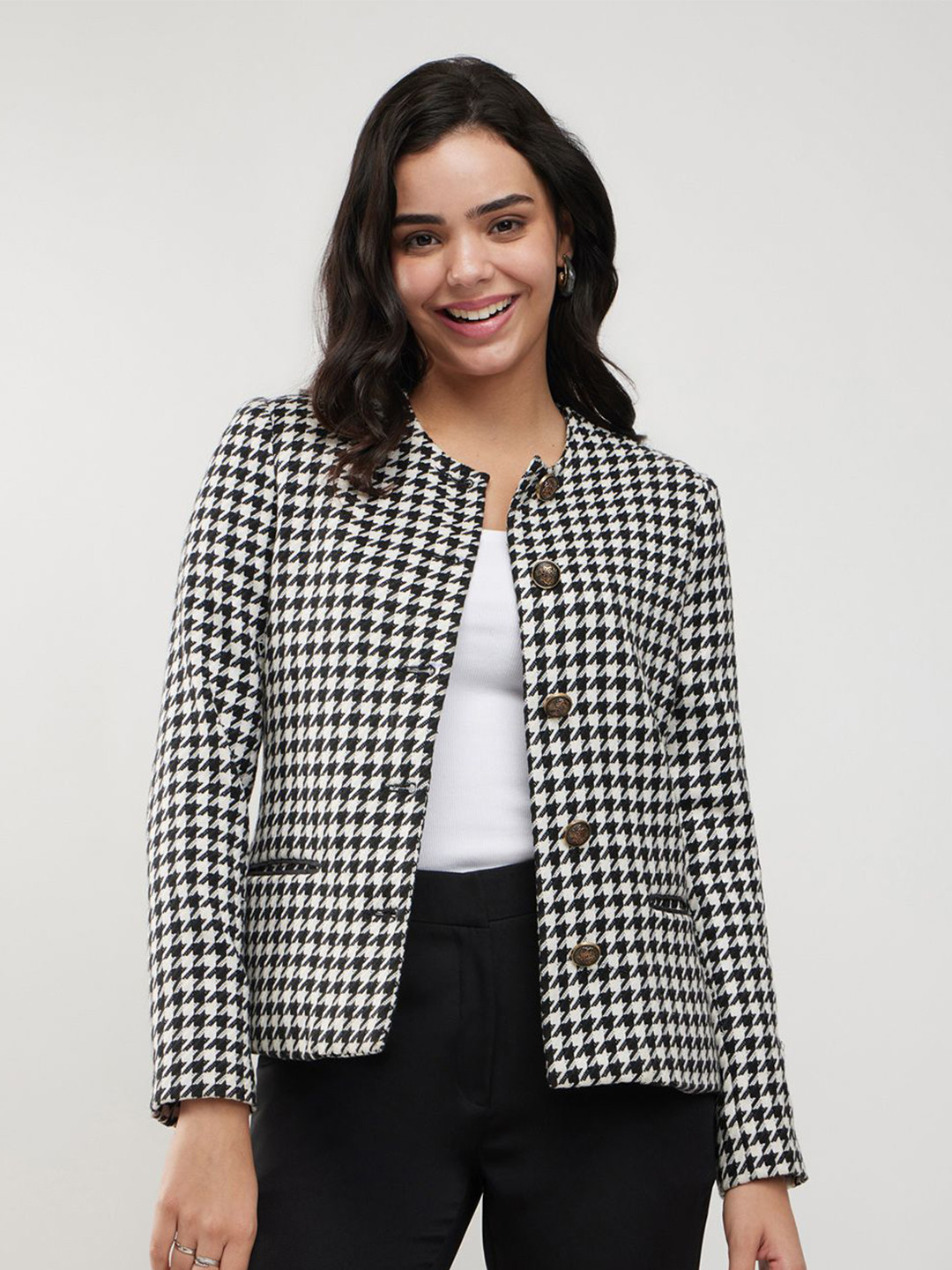 FableStreet Women Houndstooth Tailored Jacket