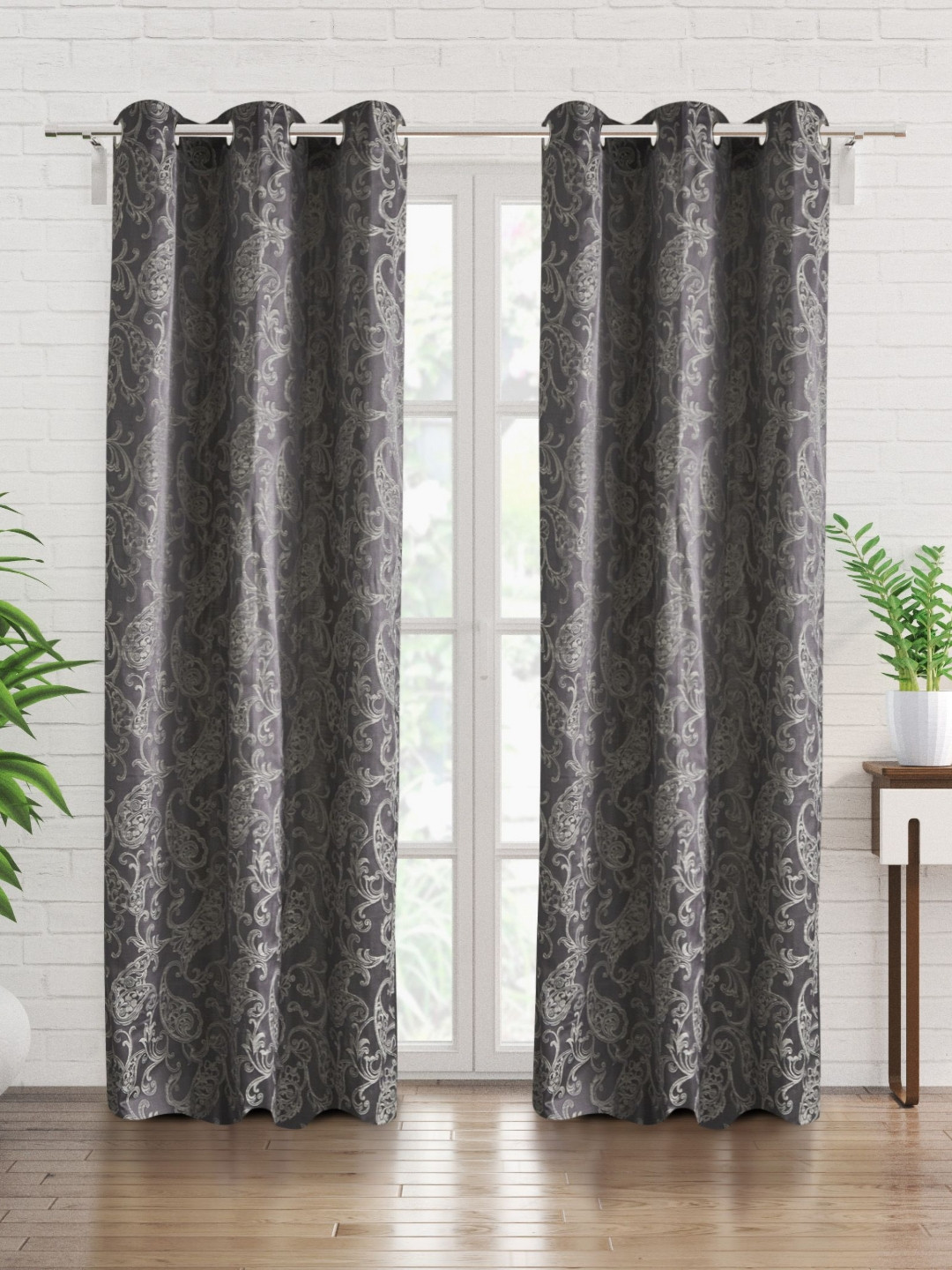 Home Centre Jade Grey & White 2 Pieces Ethnic Motifs Room Darkening Door Curtains