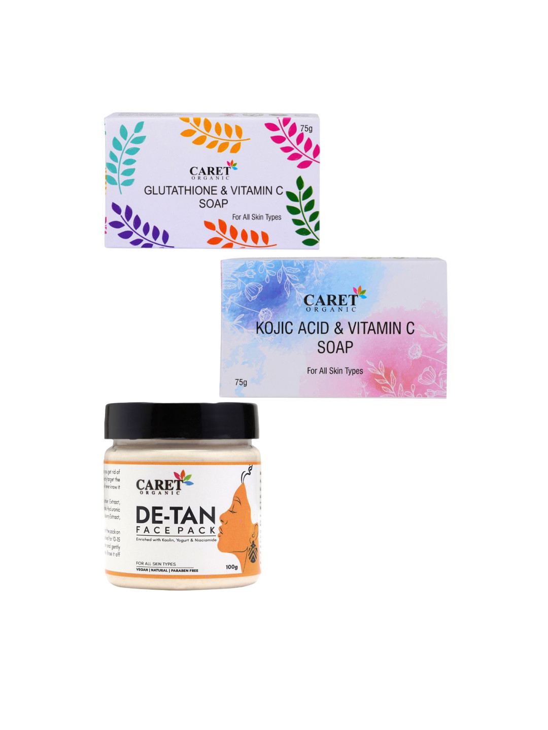 CARET ORGANIC Set Of 3 Glutathione Soap With Kojic Acid Vitamin C & De-Tan Face Pack