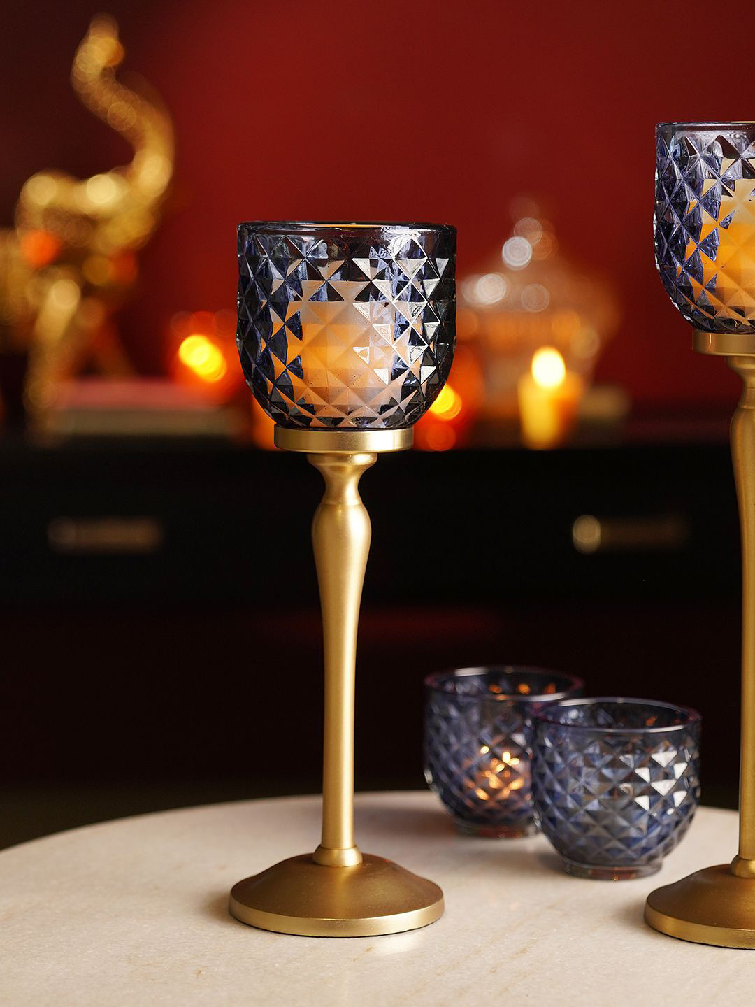 Pure Home and Living Blue Diamond Cut Hurricane Candle Holder