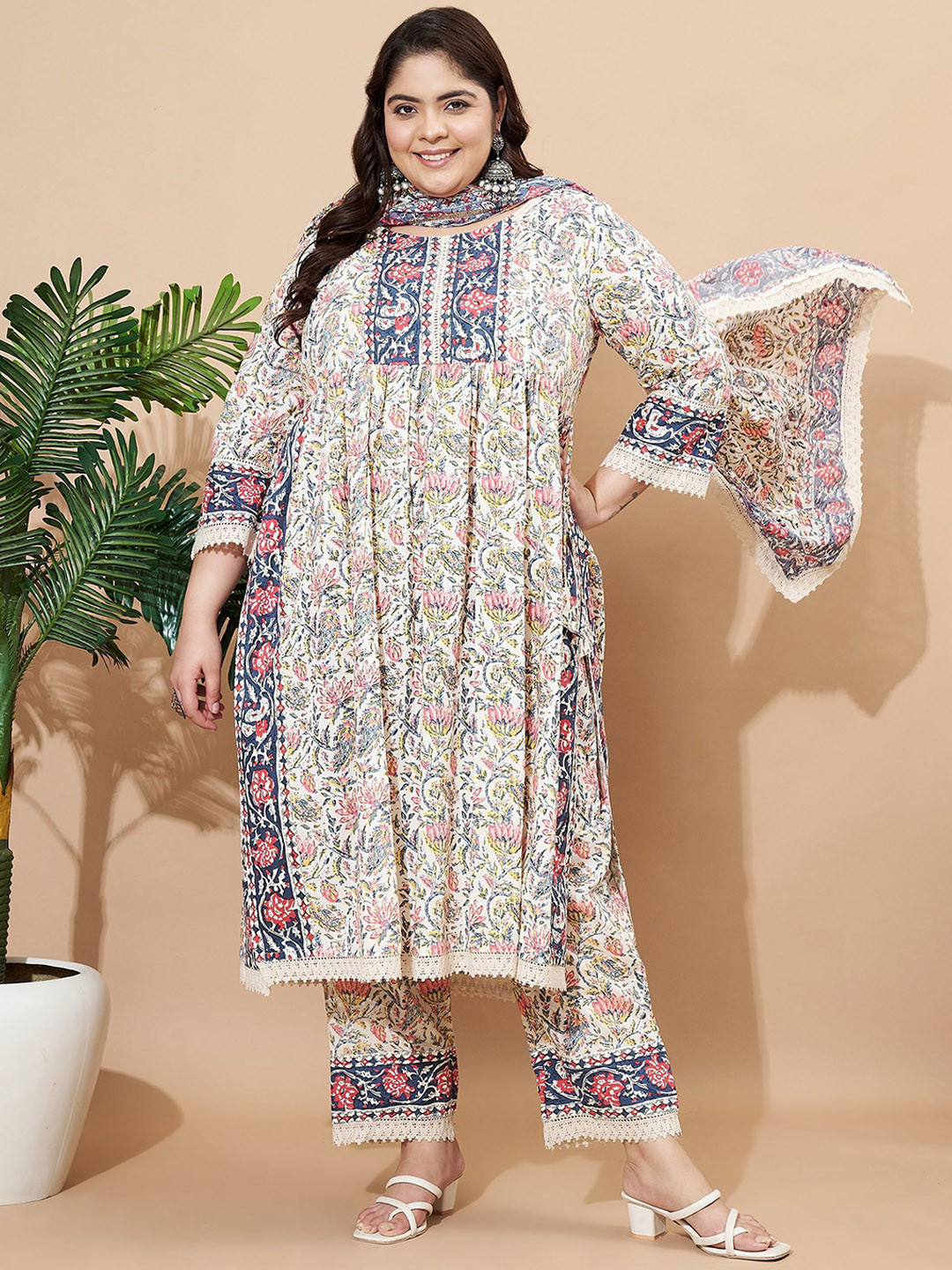 Vbuyz Beige Floral Printed Round Neck Regular Kurta With Trouser With Dupatta