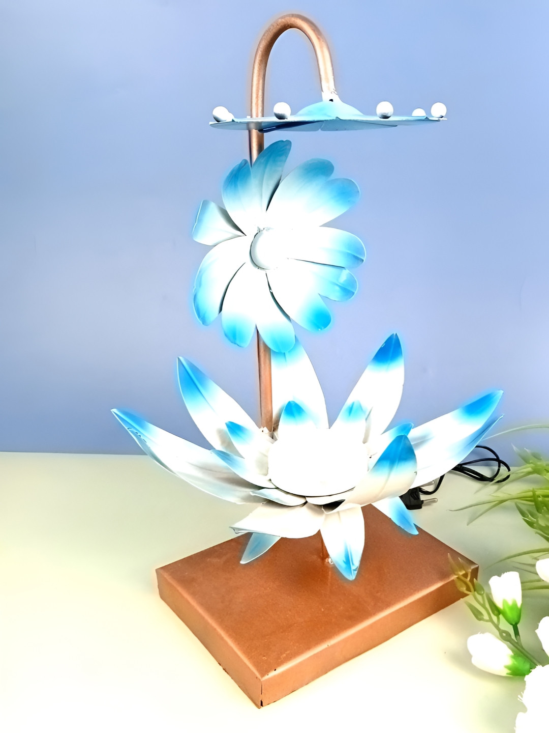 apka mart Lotus Lamp Blue Metal Metallic Home Office Medium Showpiece - 17.3 Inches