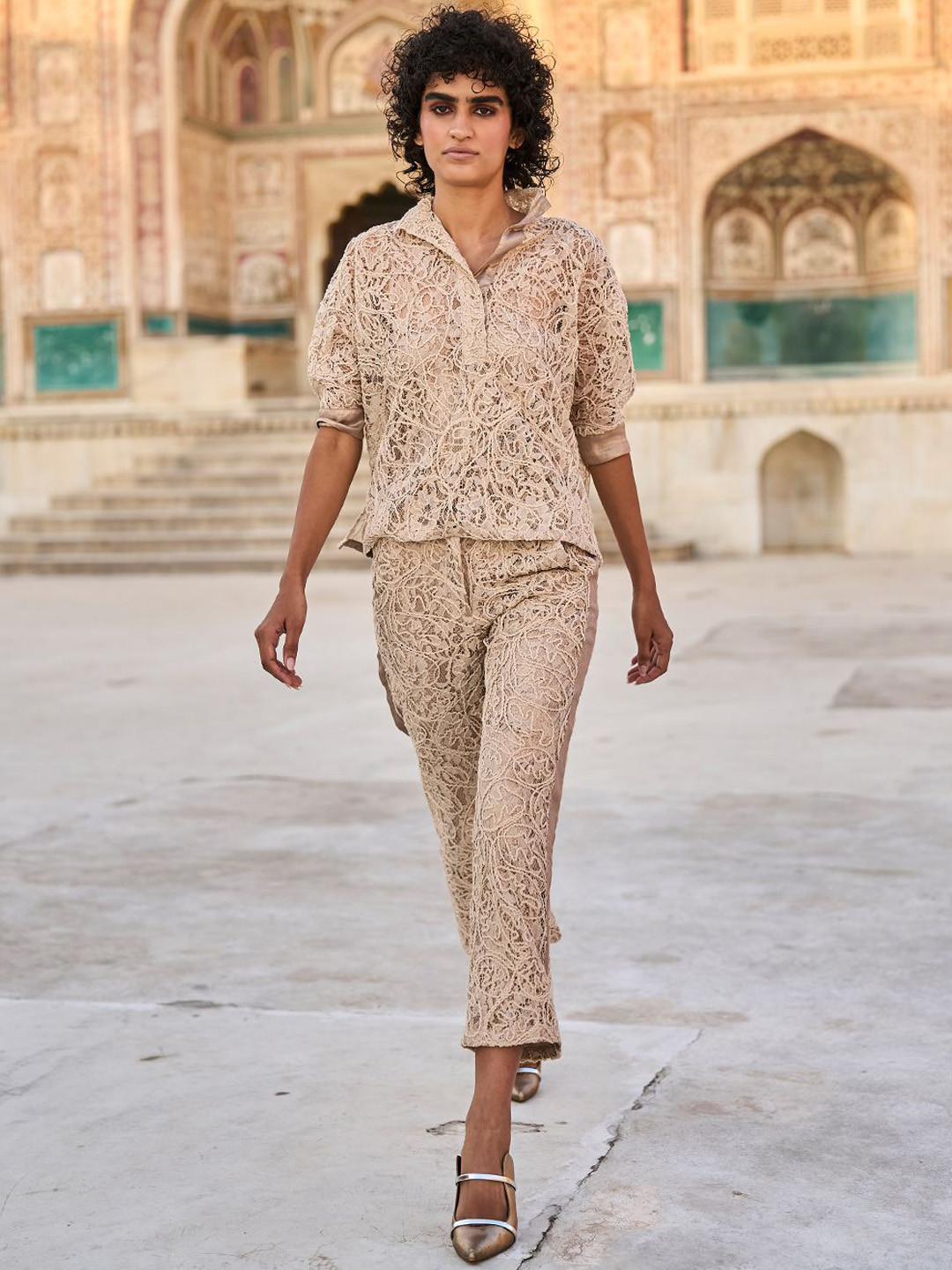 Dash and Dot Lace Embroidered Top With Trouser