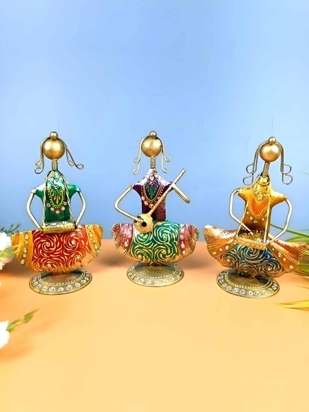 apka mart Musician Gold Metal Metallic Living Room Music Set of 3 Large Showpieces - 8.3 Inches