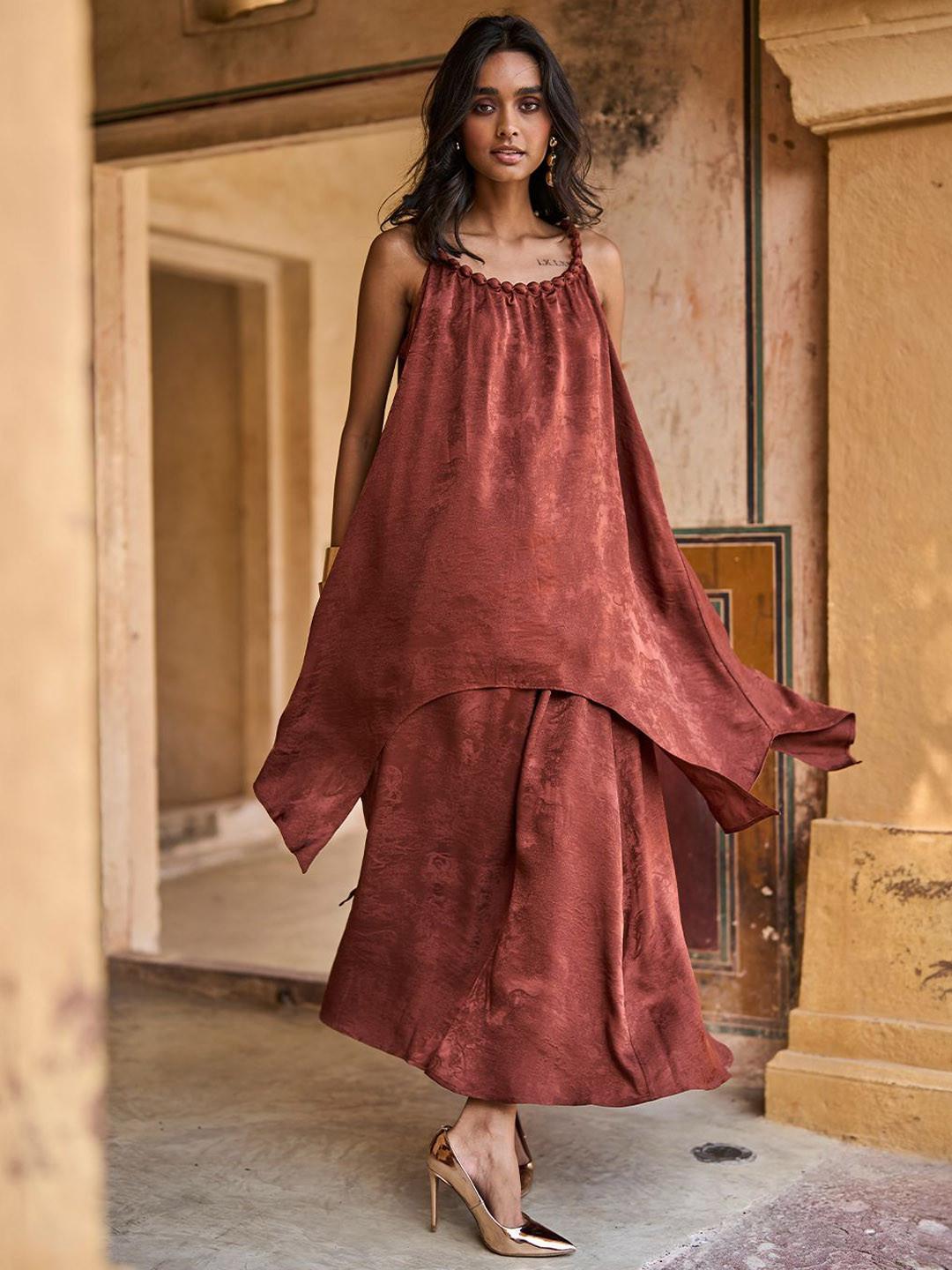 Dash and Dot Beaded Neck Draped Sleeveless Tunic With Skirt