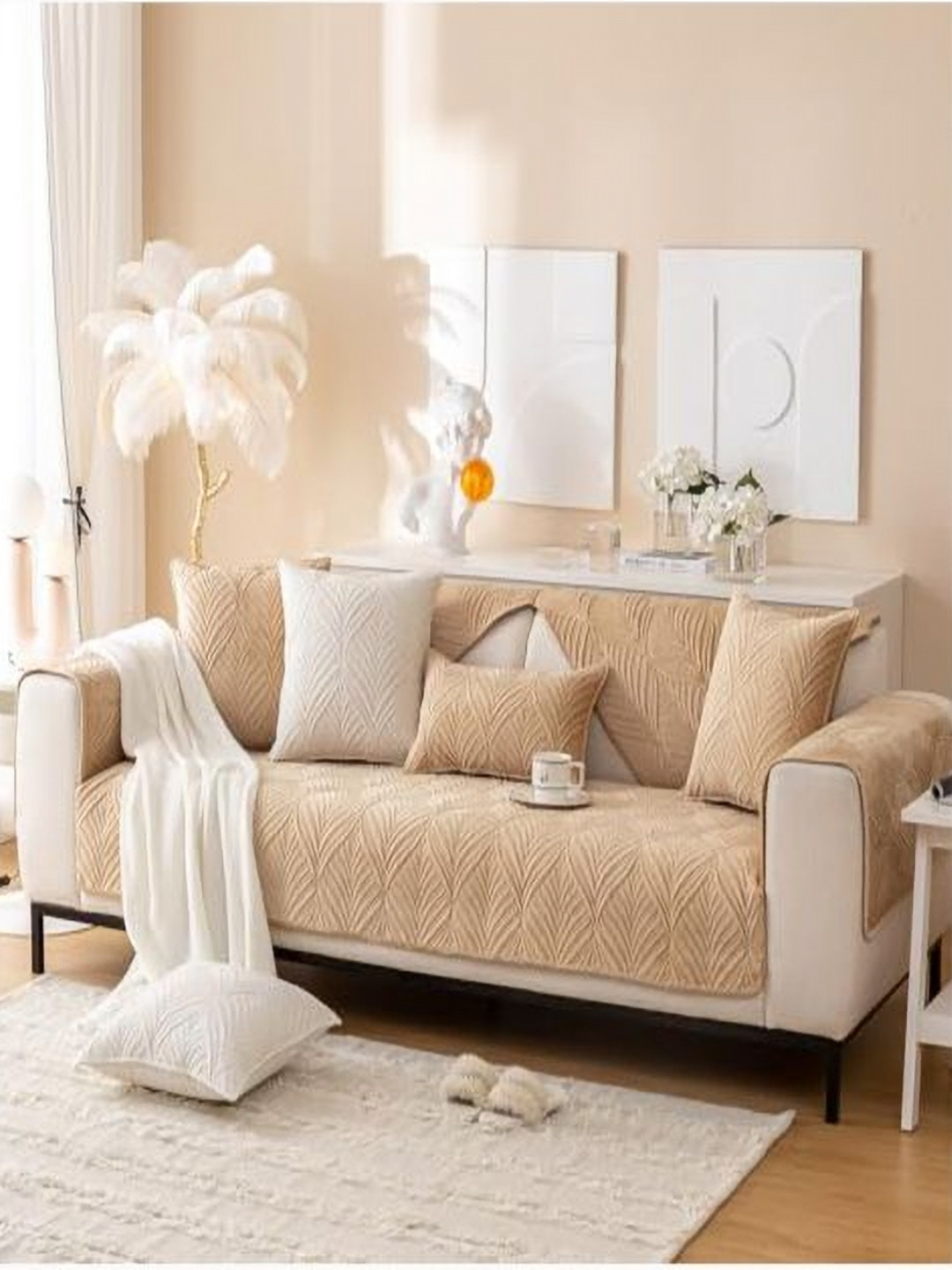 House of Quirk Velvet Plush Palm Leaves Quilted Anti-Slip Stretch Seat Pad One Seater