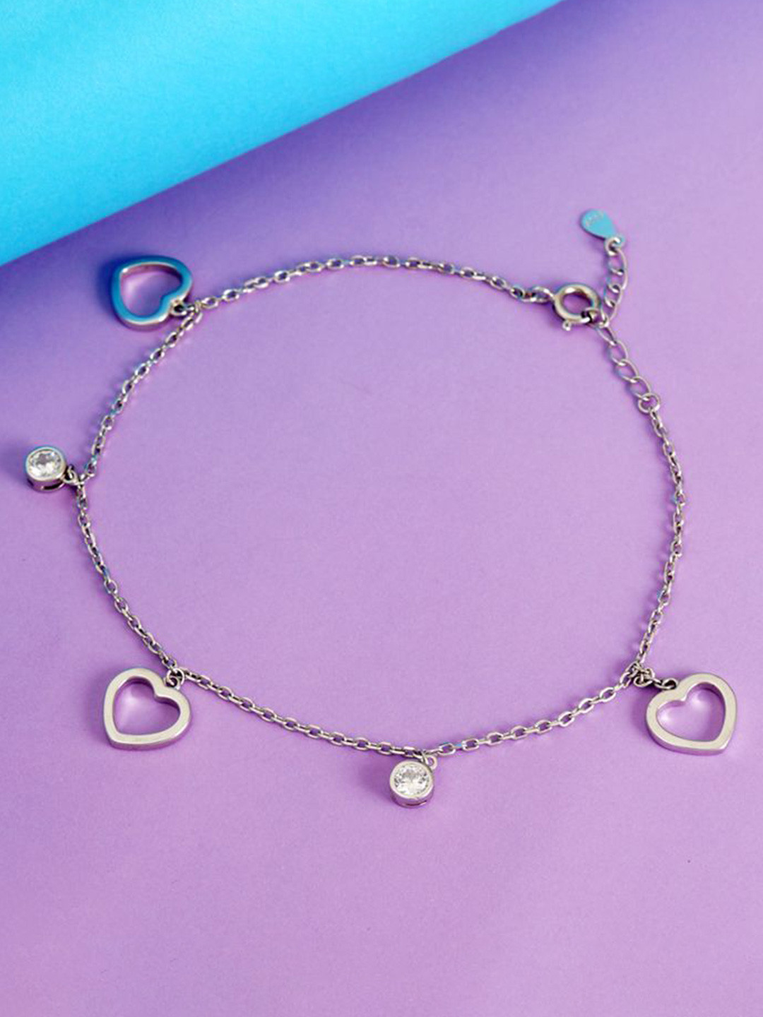 Tuanz Silver Jewelry Madhuban Hearts Solitaire 925 Sterling Silver Rhodium-Plated Anklets