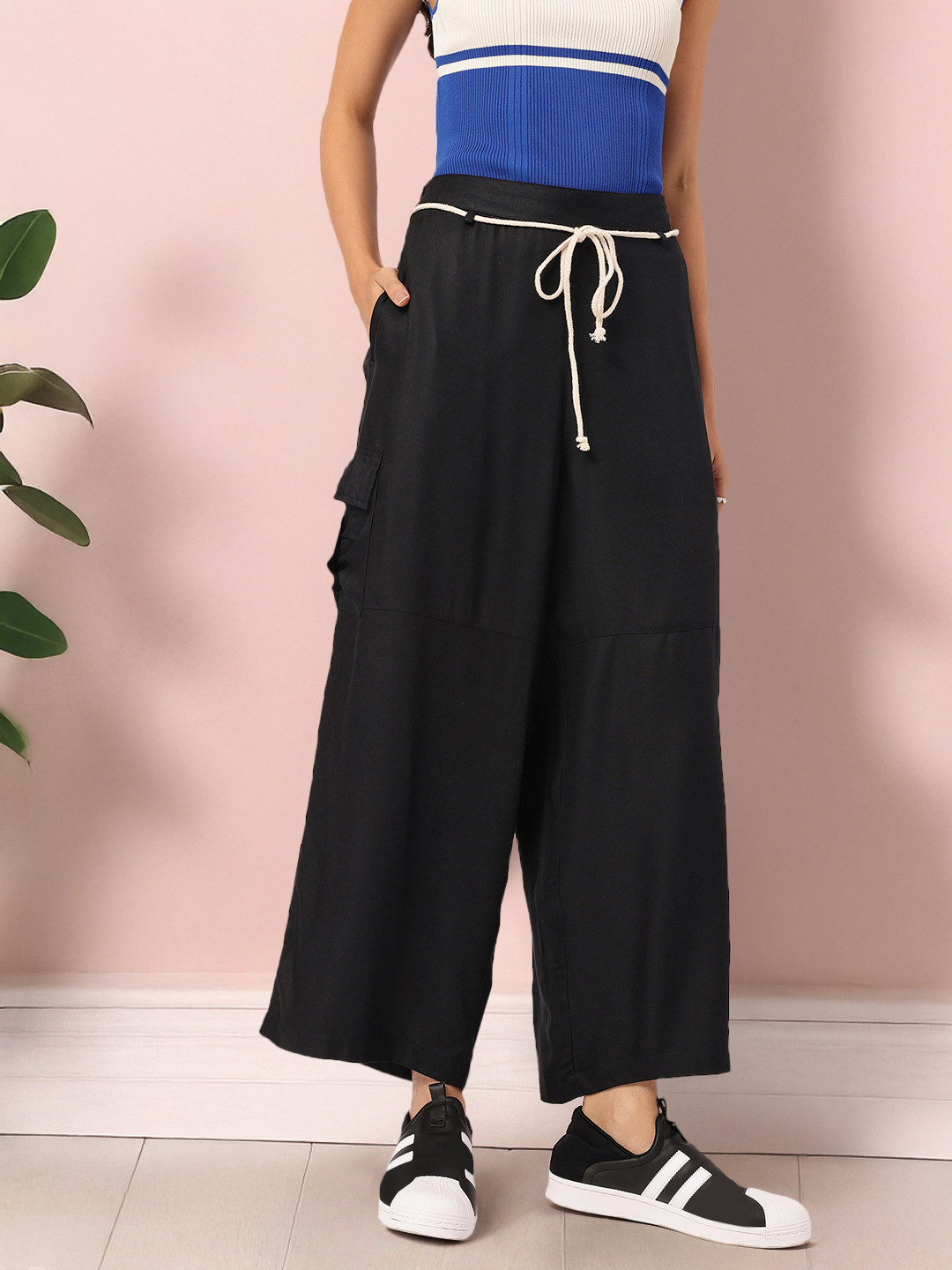 DressBerry Women Belted Cargo Wide Leg Trousers