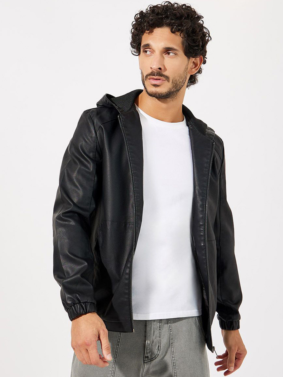 Styli Black Hooded Zip Up Biker Jacket