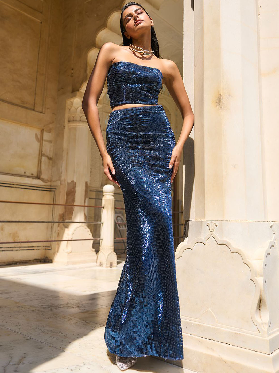 Dash and Dot Embellished Sequinned Off-Shoulder Bandeau Top & Maxi Skirt Co-Ords