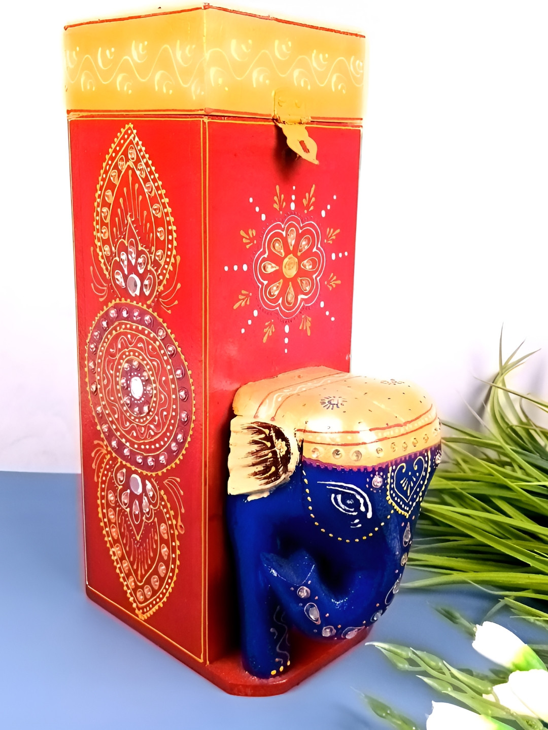 apka mart Red & Yellow Textured Wooden Elephant Shaped Bottle Holder