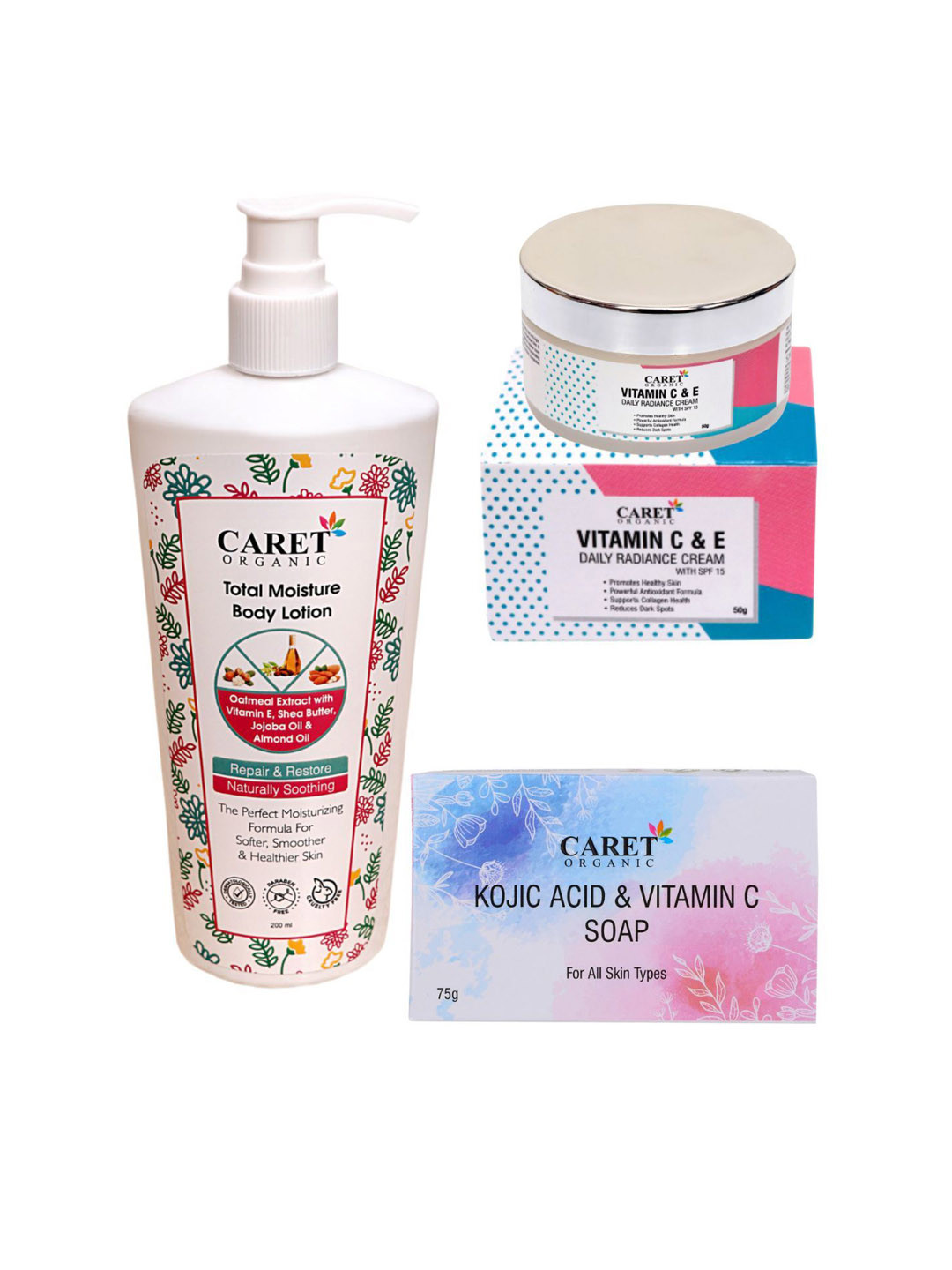 CARET ORGANIC Set Of 3 Kojic Acid Soap, Total Moisture Body Lotion & Vitamin C Cream