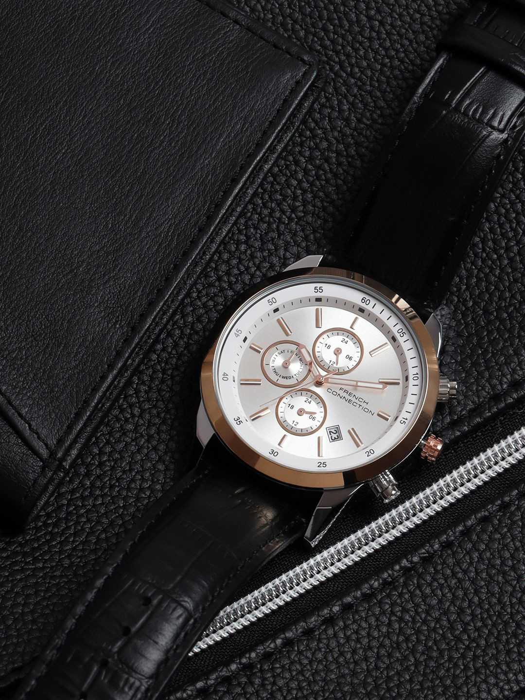 French Connection Men Dial & Leather Bracelet Style Straps Analogue Watch FCN093BL-R-White