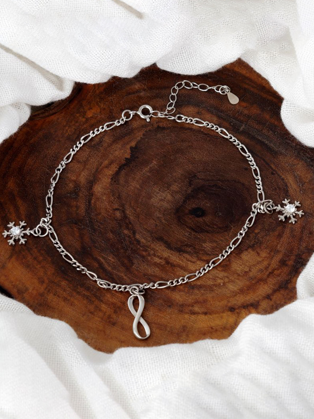 Tuanz Silver Jewelry Madhuban Infinity Snowflake 925 Sterling Silver Rhodium-Plated Anklet