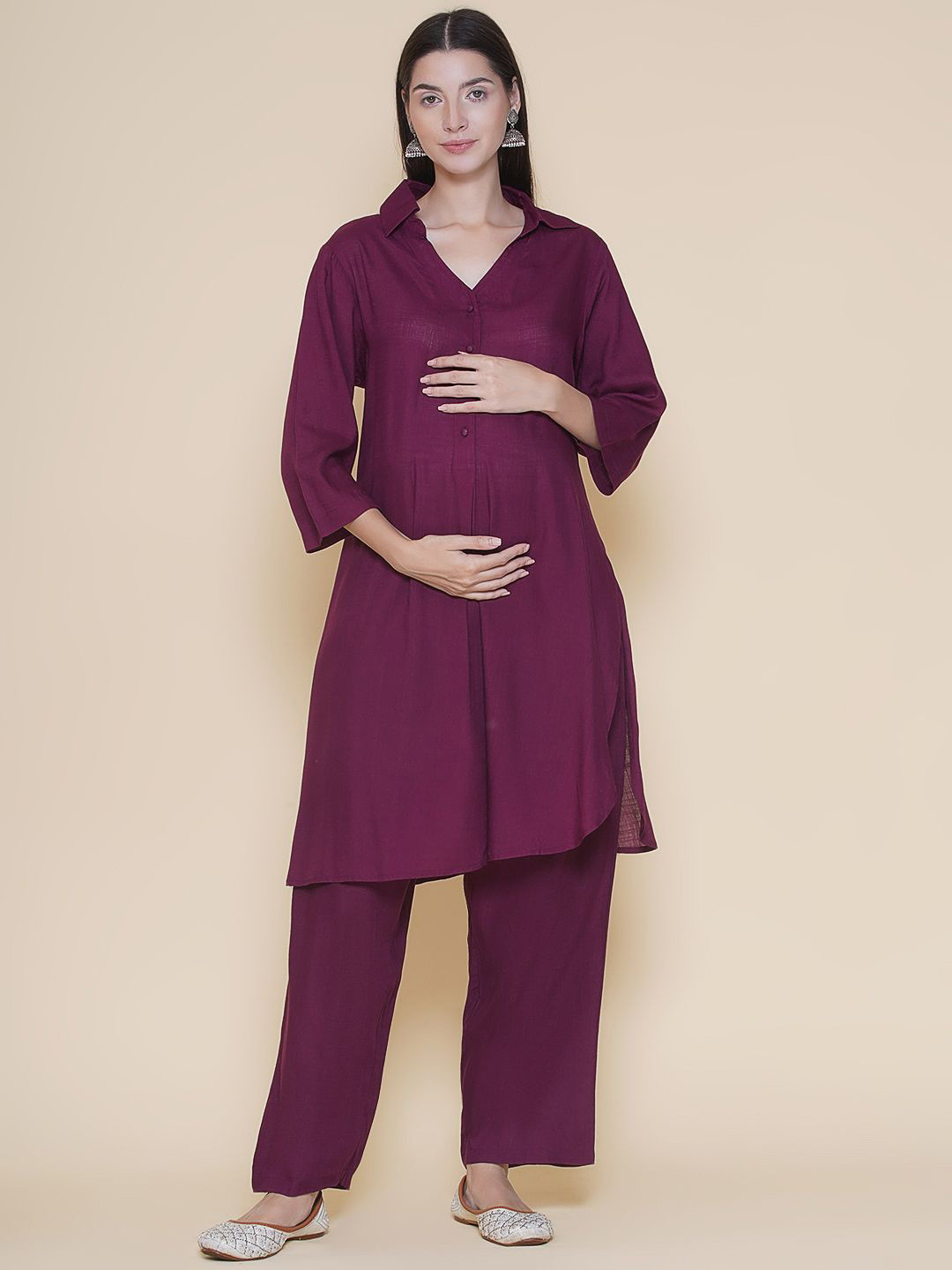Mine4Nine Shirt Collar Maternity Straight Kurta With Trousers