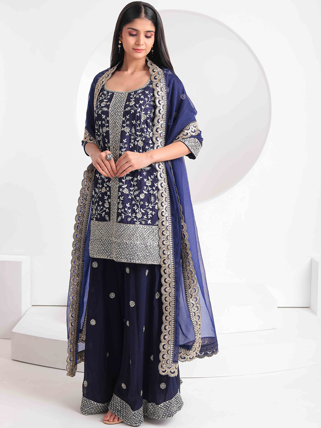 The Front Row Floral Embroidered Regular Sequinned Pure Silk Kurta & Palazzo With Dupatta