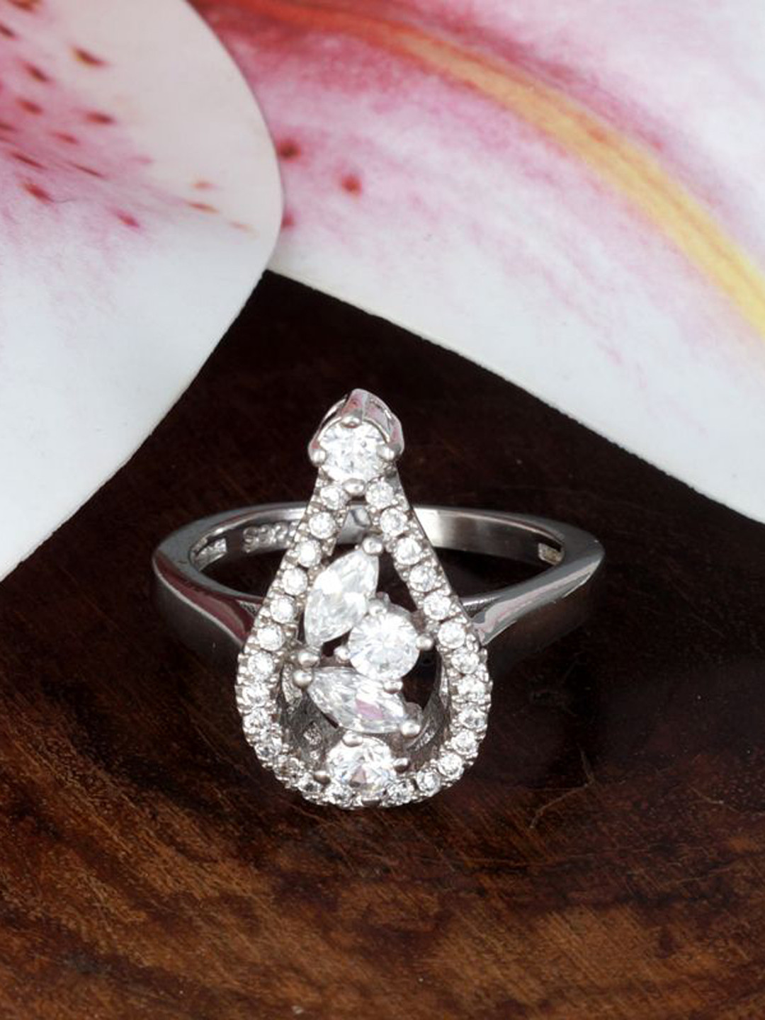 Tuanz Silver Jewelry Myrna Pear 925 Sterling Silver Rhodium-Plated CZ Studded Finger Ring