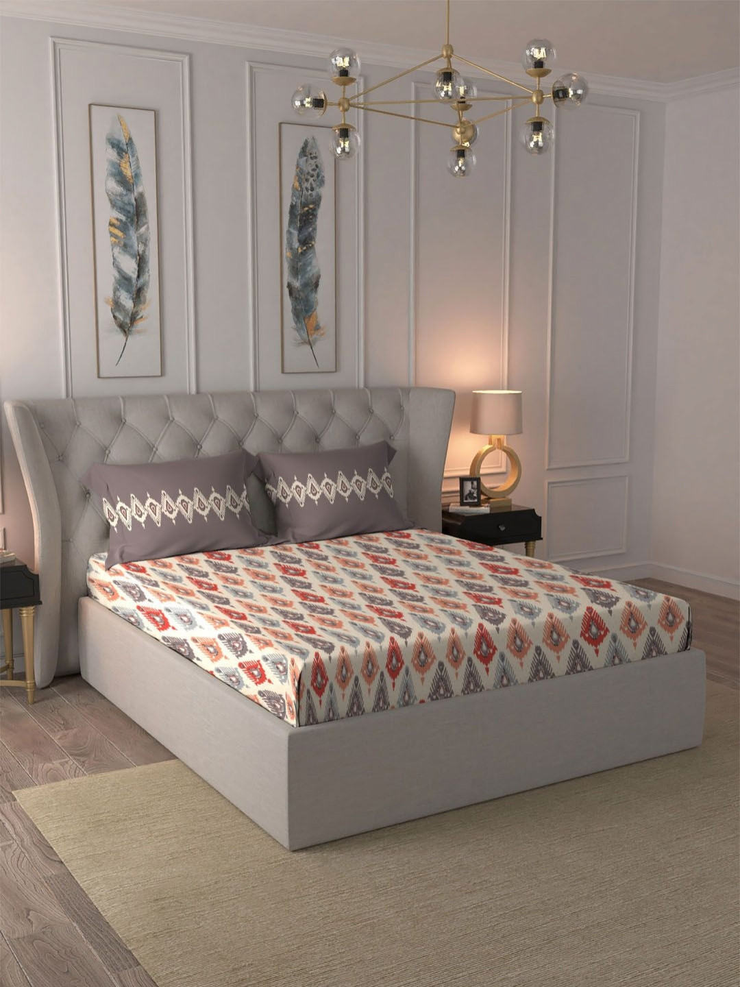 MYTRIDENT Beacon Red Dusk & Dawn Flat 144TC King Cotton 1 Bedsheet with 2 Pillow Covers