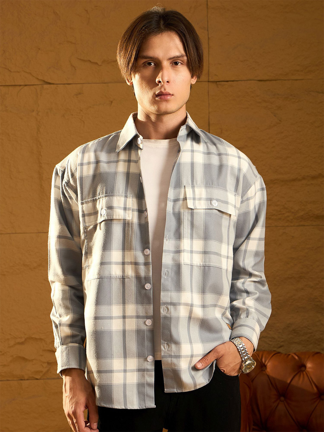 DENNISON Men Double Pocket Drop Shoulder Oversized Cotton Checked Shacket