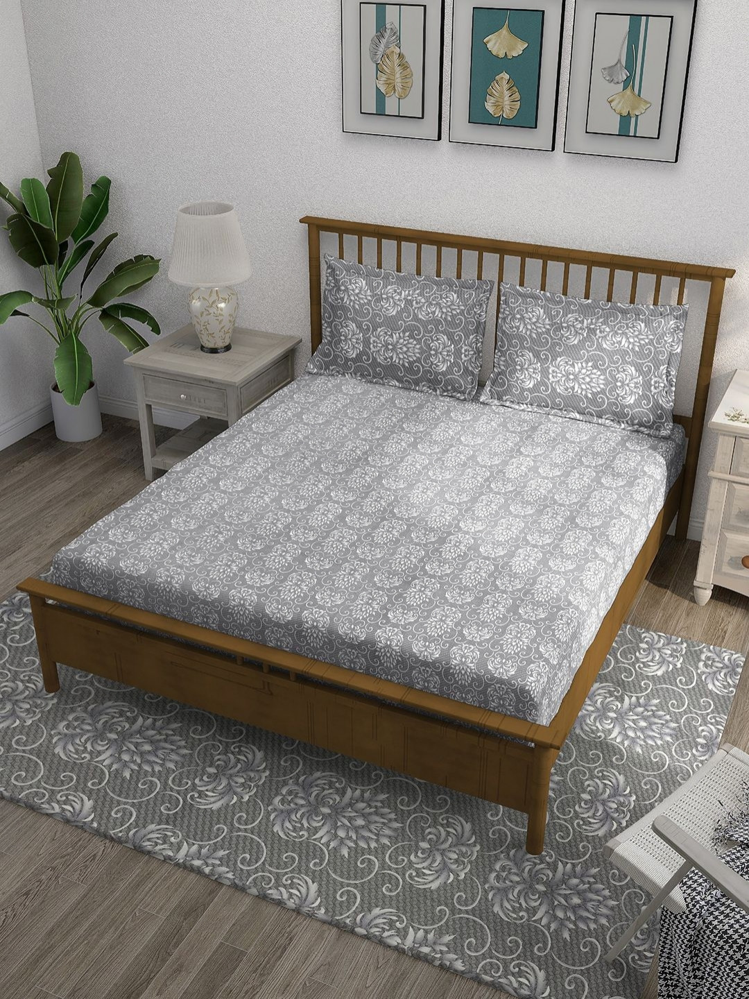 SWAYAM Ananda Grey Ethnic Motifs Pure Cotton 210 TC King Fine Bedsheet with 2 Pillow Covers-108 x 87 inches