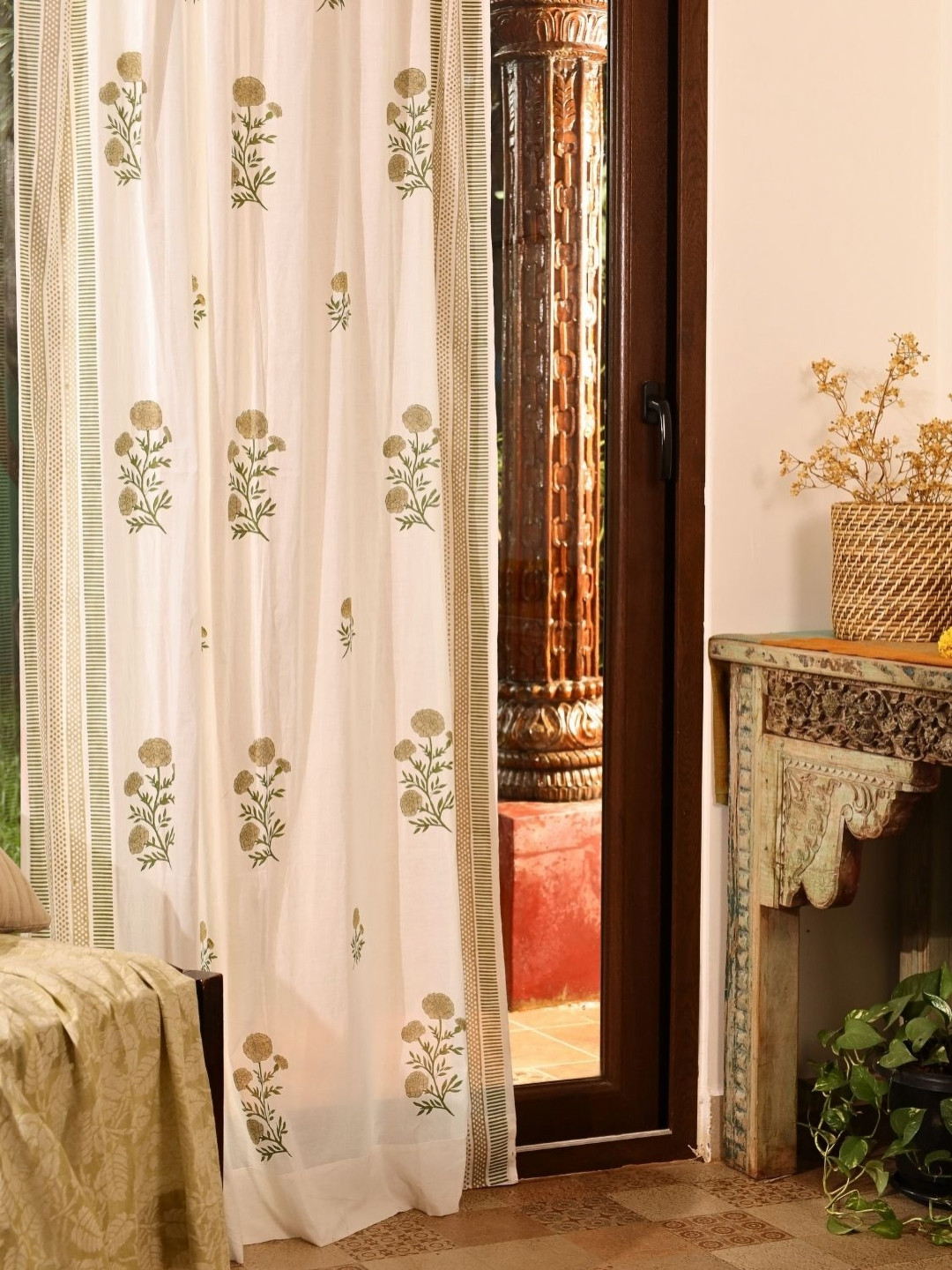 Peepul Tree Olive Green Floral Printed Sheer Cotton Door Curtain -7ft