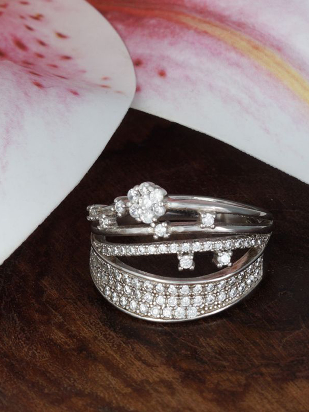 Tuanz Silver Jewelry Minthya 925 Sterling Silver Rhodium Plated CZ-Stone Studded Ring