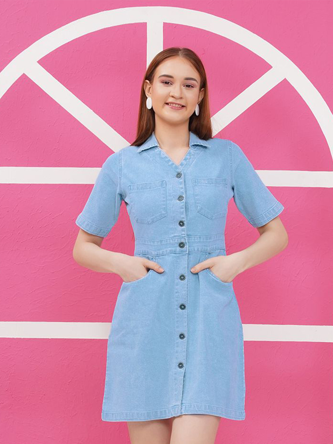 PUELLA Women Shirt Collar Denim A-Line Dress
