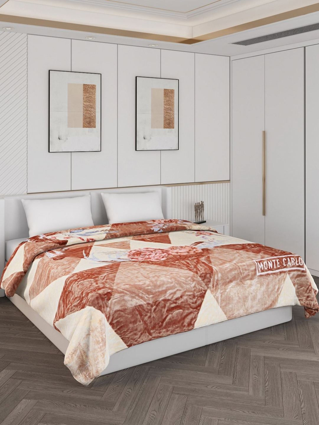 Monte Carlo Cream-Coloured & Brown Floral Printed Mild Winter 550 GSM Double Bed Blanket