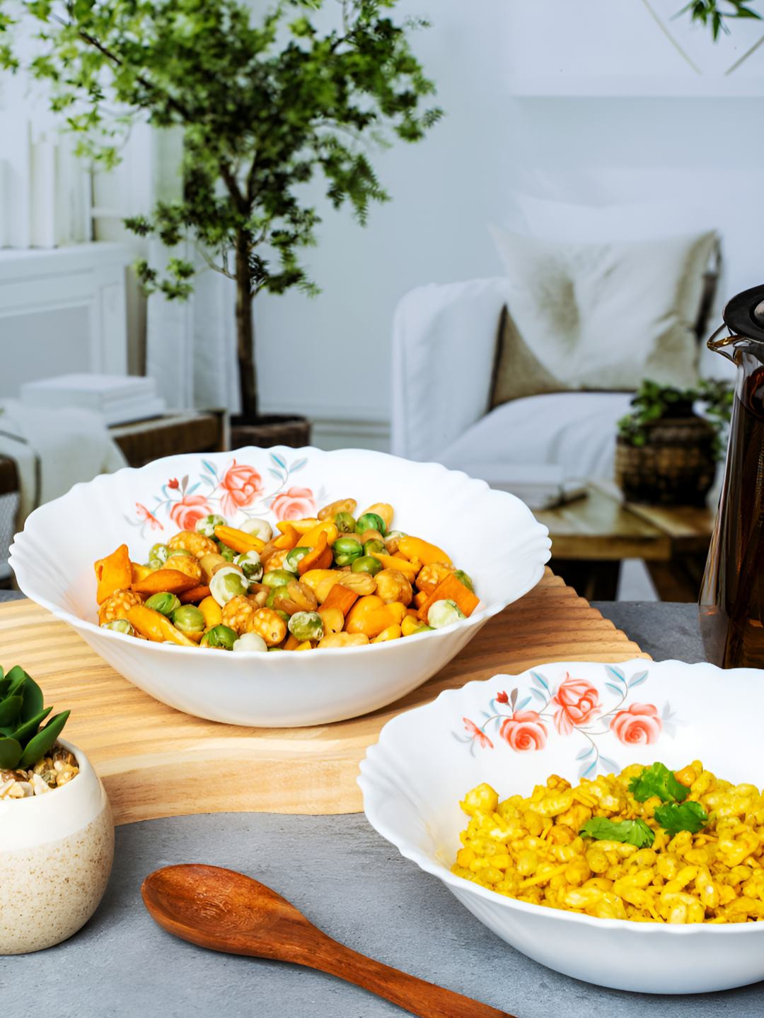 Cello White 2 Pieces Floral Printed Opalware Dishwasher and Microwave Safe Serving Bowls