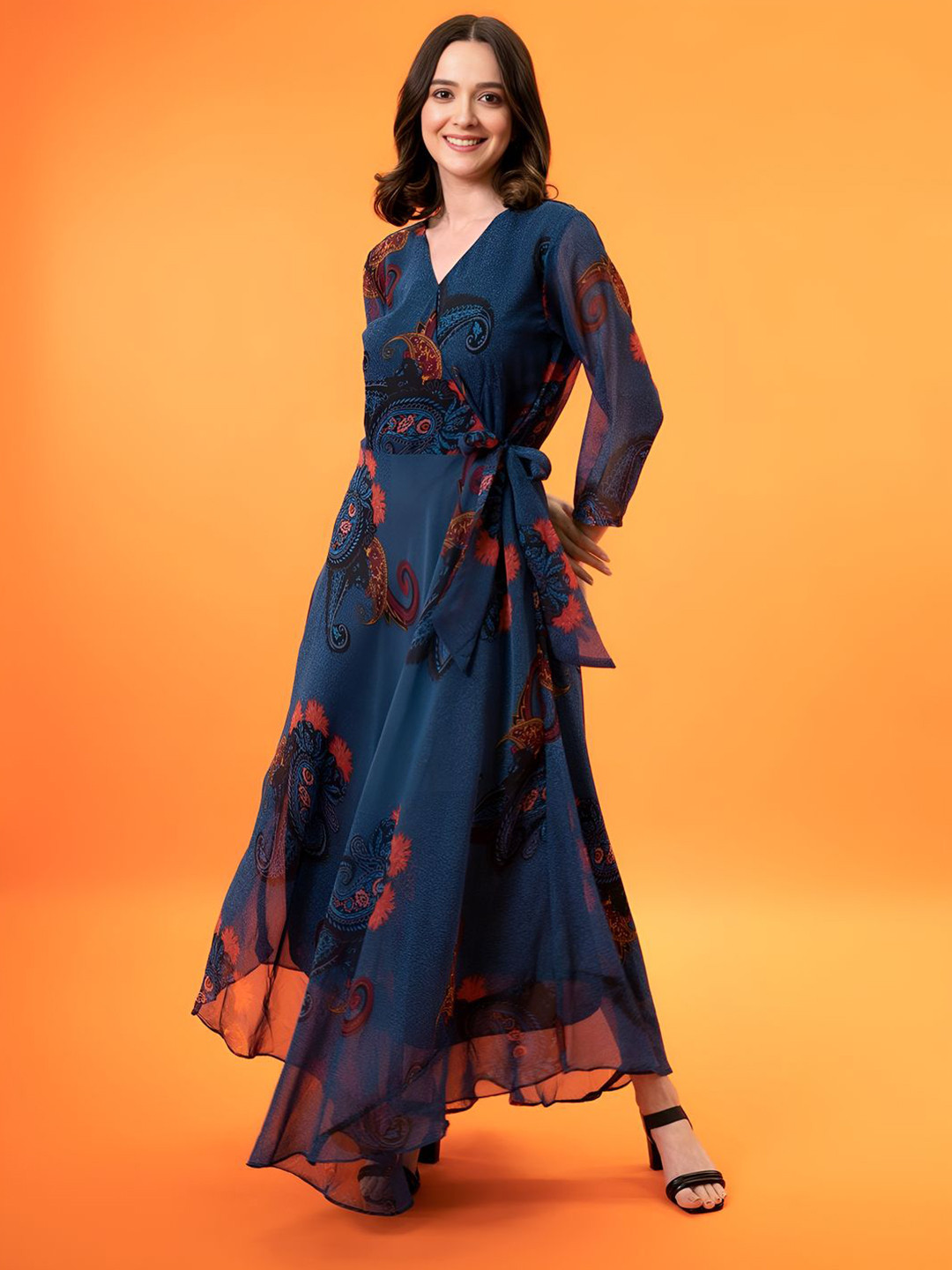 Fashion2wear Women Ethnic Motifs Print Fringed Wrap Maxi Dress