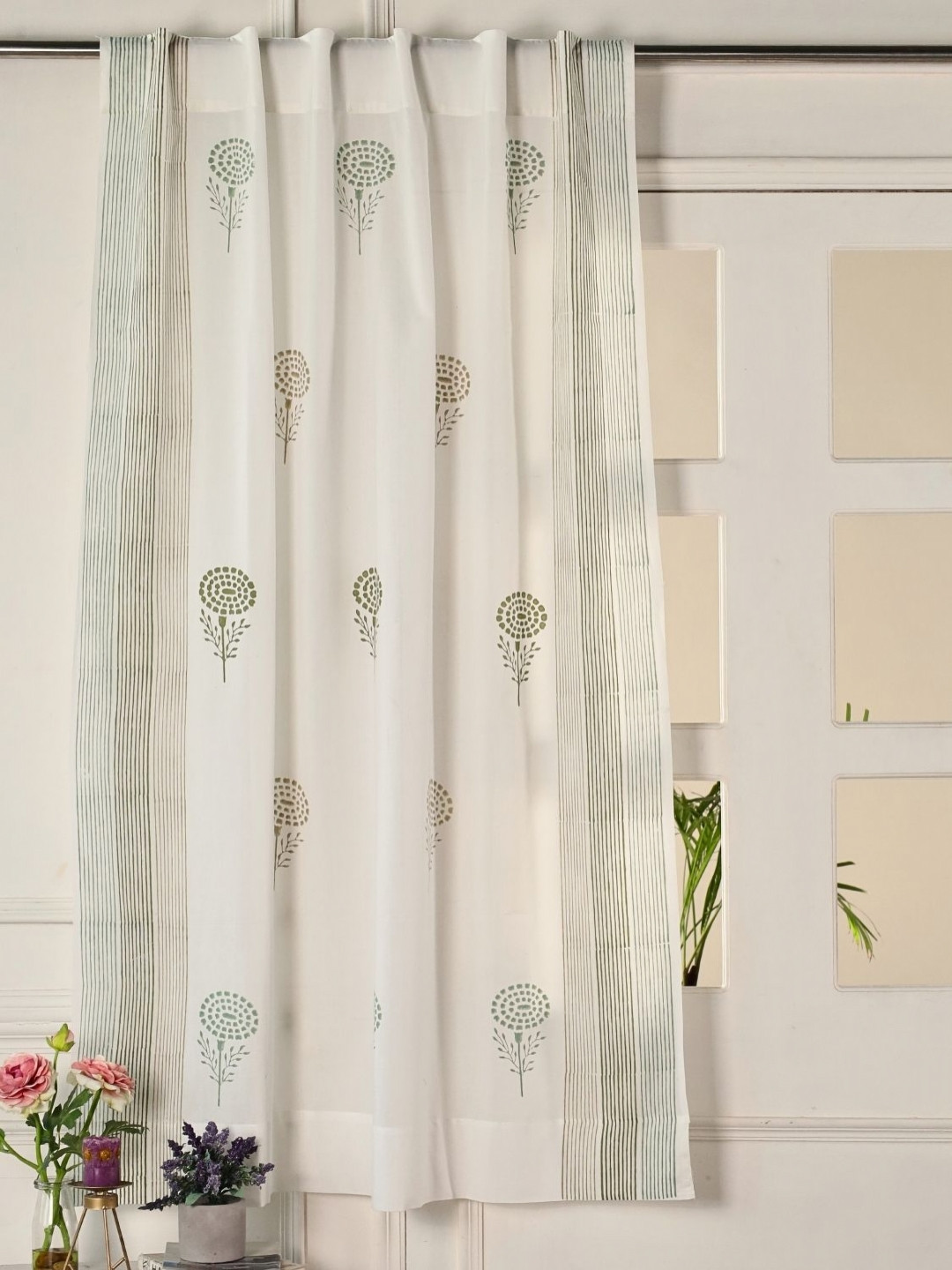 Peepul Tree Teal Green Floral Printed Sheer Cotton Window Curtain