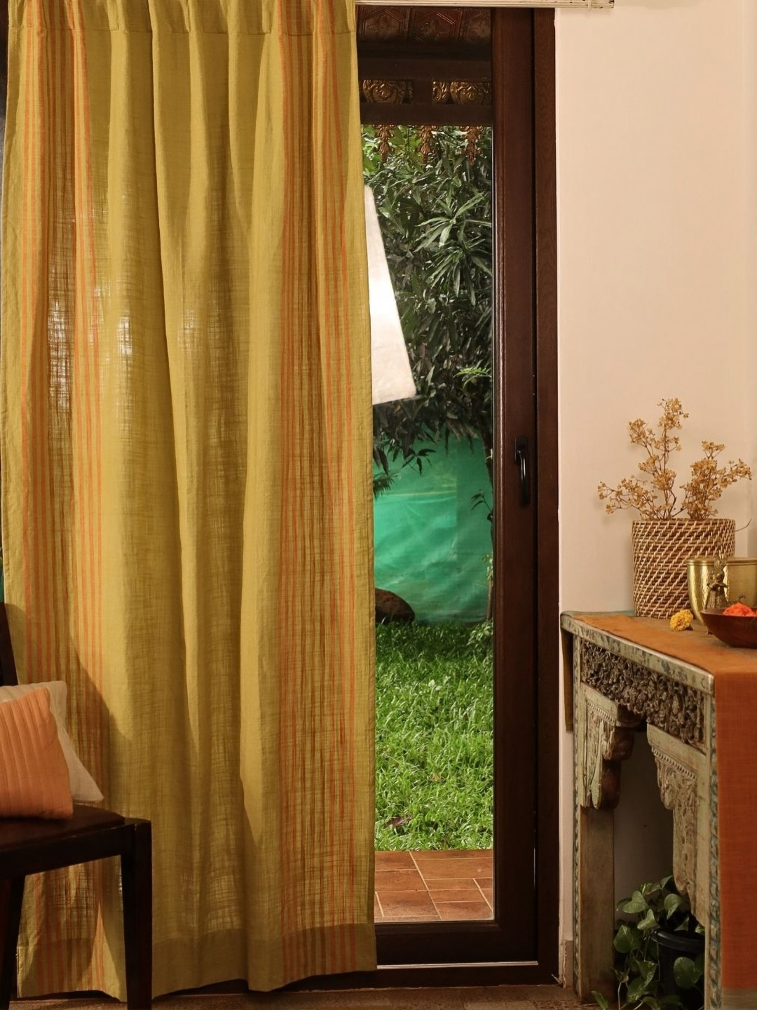 Peepul Tree Marigold Lime Green Sheer Pure Cotton Door Curtain