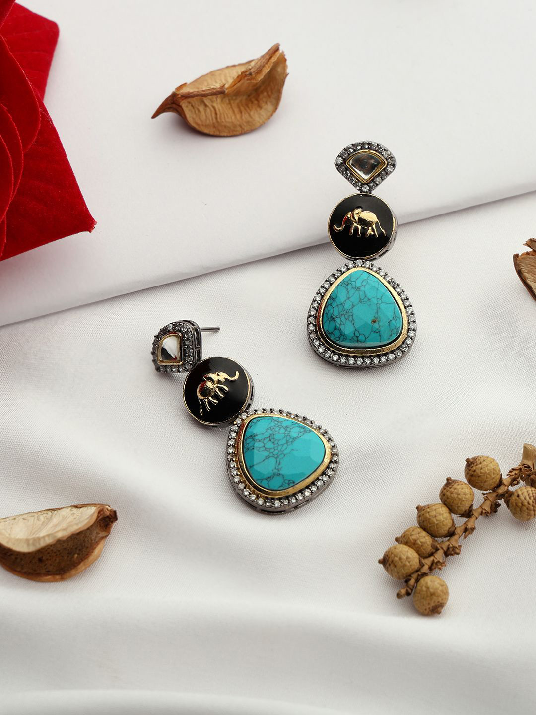 PATOLA BY VJ Stone Studded Geometric Shaped Elephant Design Drop Earrings