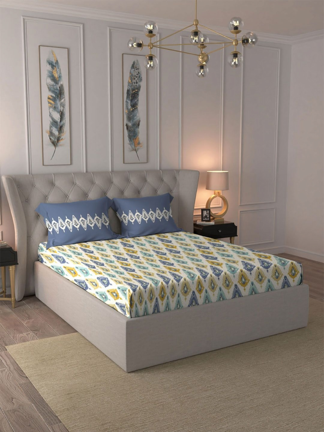 MYTRIDENT Dusk & Dawn Yellow Ethnic Motifs Pure Cotton 144 TC Queen Bedsheet with 2 Pillow Covers-90 x 100 inches