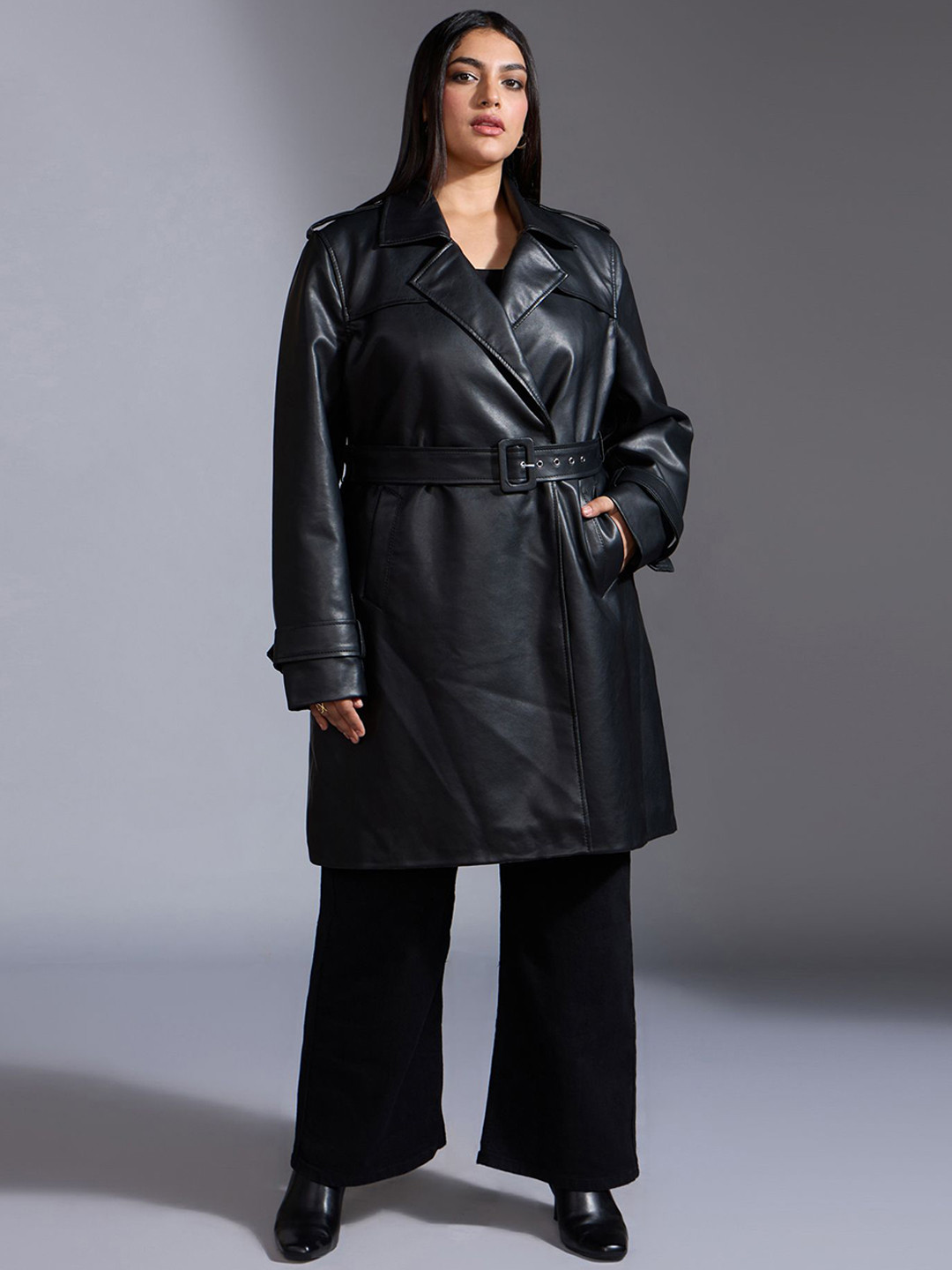 20Dresses Women Notched Lapel Full Sleeves Long Leather Overcoat With Belt