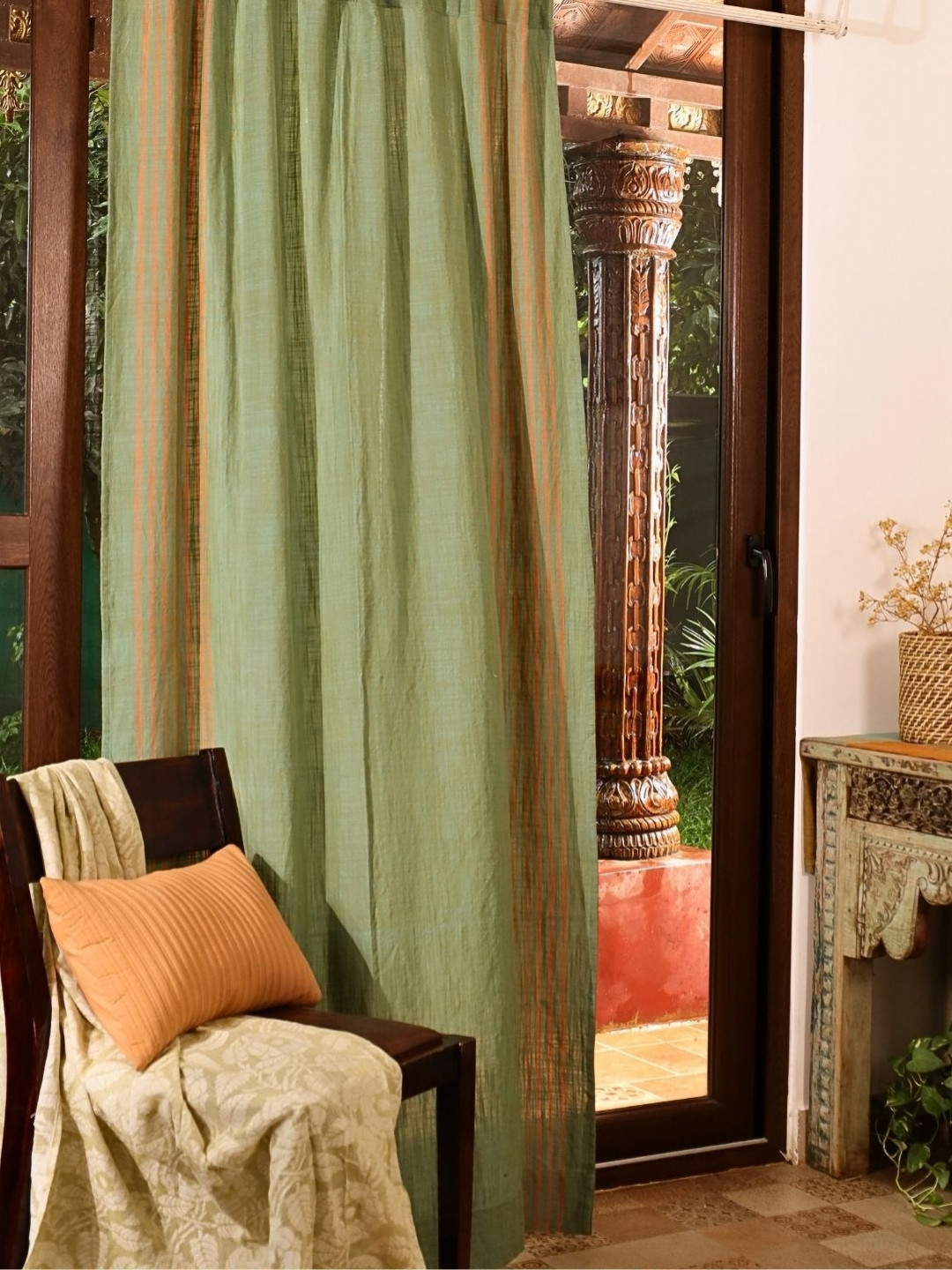 Peepul Tree Green & Orange-Coloured Sheer Pure Cotton Door Curtains