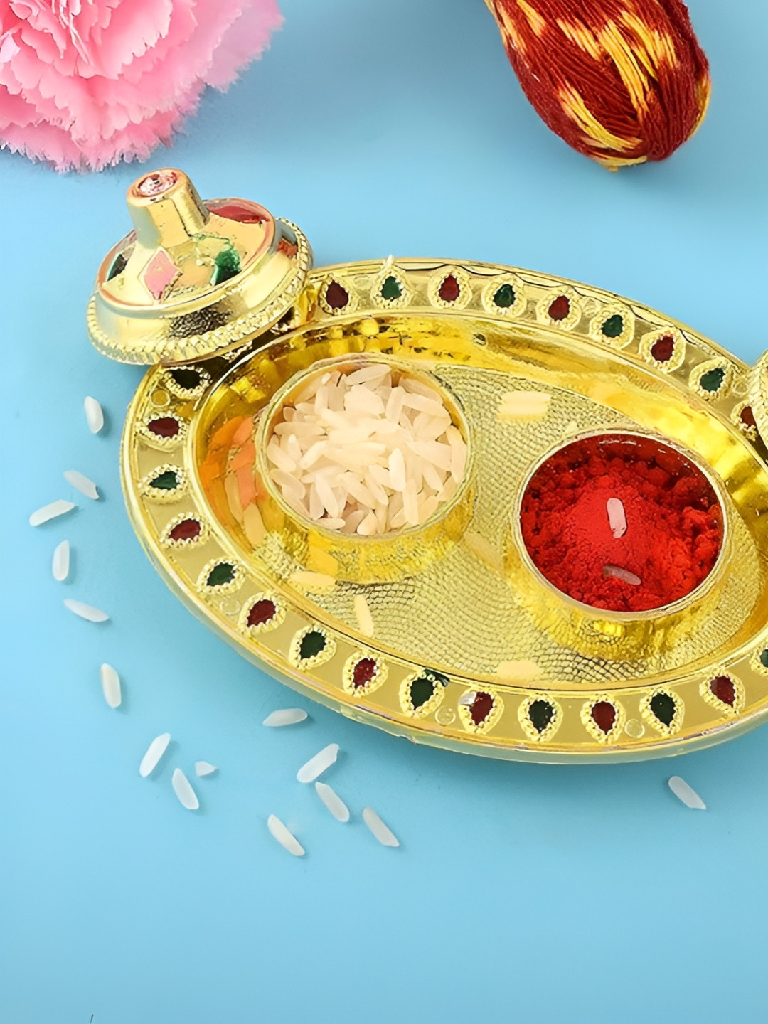 MEMOIR Yellow Gold Plated Acrylic Roli Chawal Puja Teeka Tilak Thali Pooja Essentials