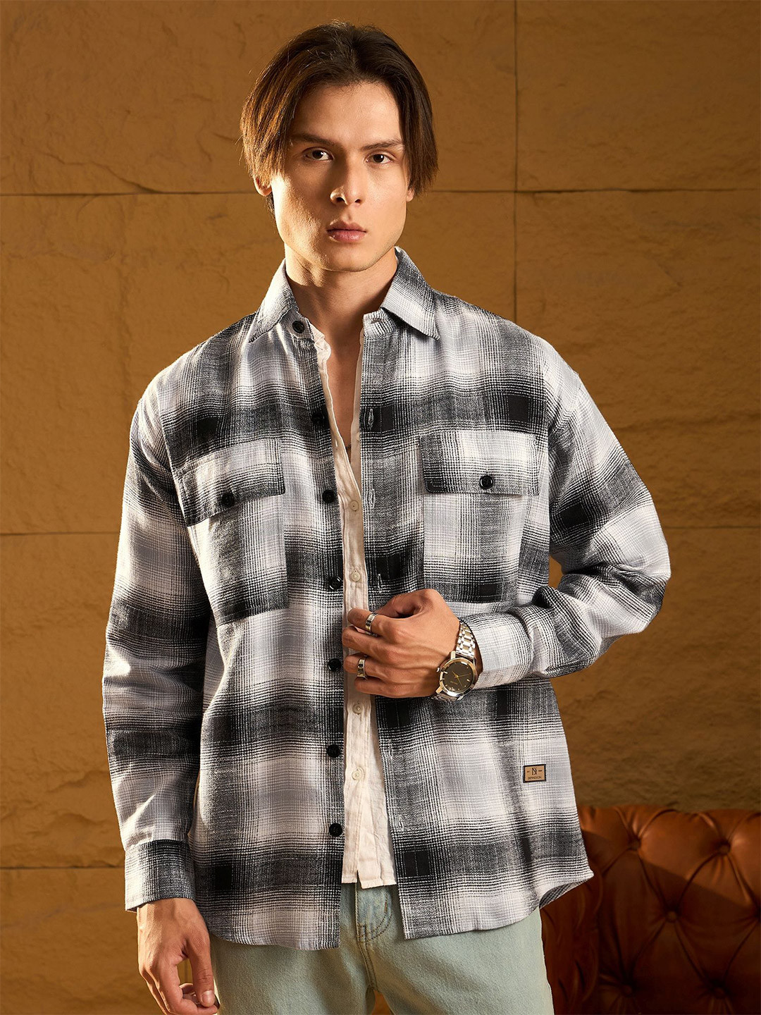 DENNISON Double Pocket Drop Shoulder Oversized Checked Shacket